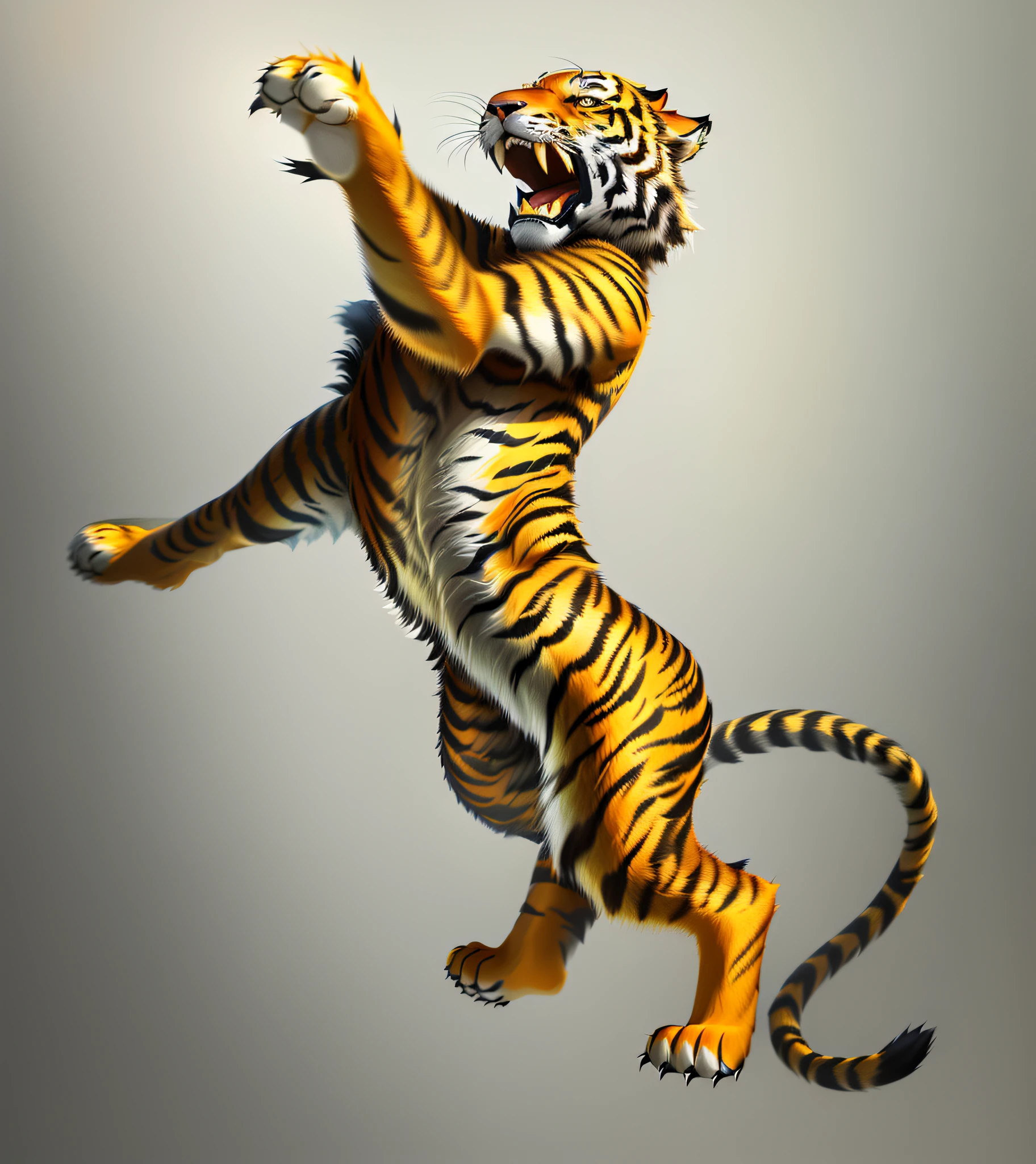 tiger jumping in the air with its paws out, anthropomorphic tiger, tiger, predominant orange and yellow color, a tiger, tiger_beast, tigers, ((tiger)), half tiger, digital rendering, Asian tiger, sharp claws, by Ivan Mrkvička, by Jakob Gauermann, realistic illustration, Bengal tiger, adult Asian tiger,