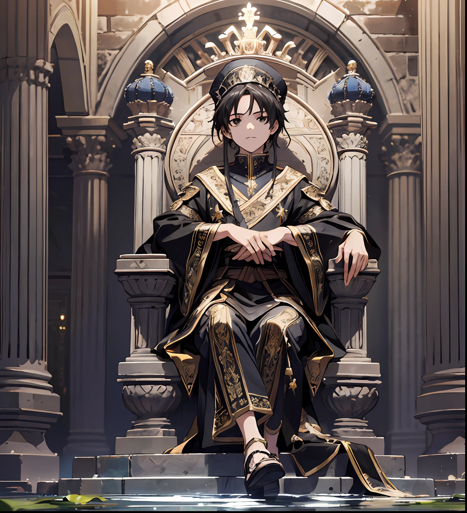 (absurd, tall, ultra detailed)young roman,stone throne,black eyes,sitting on throne,full hd,pre teen 12 years,