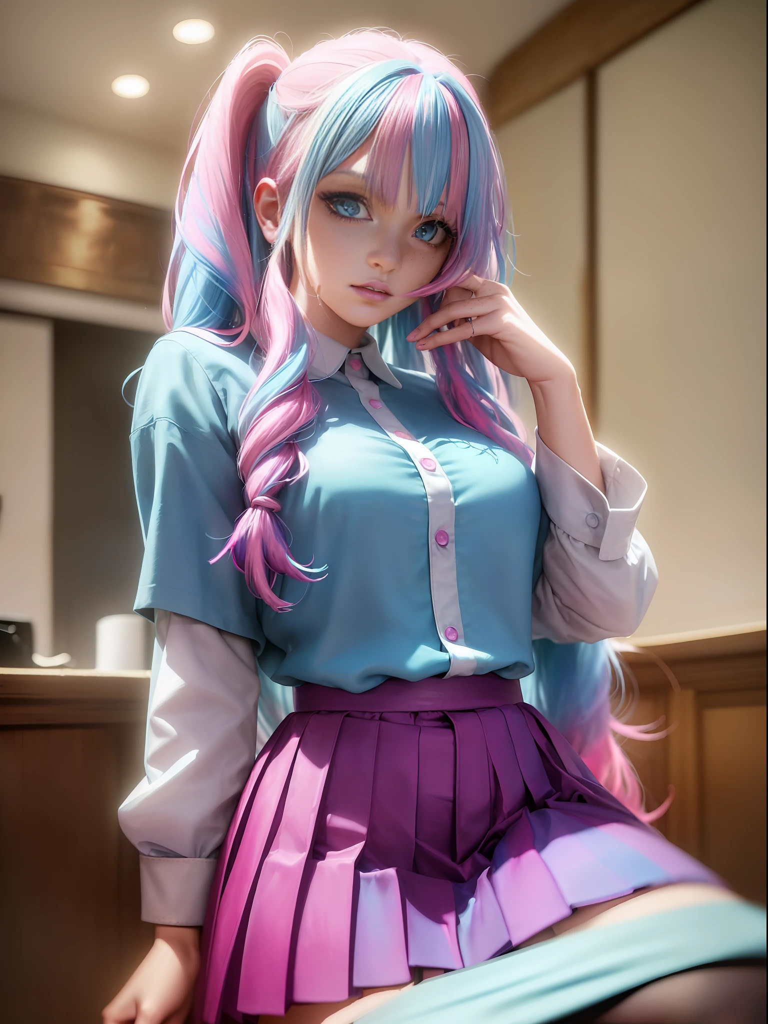 (8k, RAW photo, best quality, masterpiece: 1.2) detailed face, (light: 1.2), a detailed painting, clearly crafted detail, intricate, cinematic, dim natural lighting, (high skin detailed: 0.9), shallow depth of field, raytracing, detailed face, good face, high resolution, ((female) freckles, highly detailed eyelashes, blue eyes, smug, (((cracked dye hair)) ((light blue hair, pink hair))), straight hair, blunt bangs, absurdly long hair, dress shirt, pleated skirt, thigh highs, detailed hands