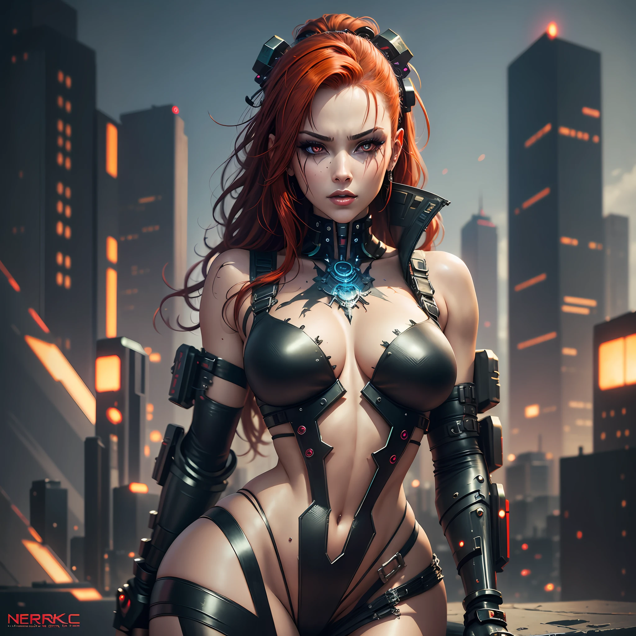 dark fantasy cyberpunk seductive, intricate body, sexy girl, painted, beautiful upper body, cyberpunk angry goddess beautiful, beautiful cyberpunk woman model, intricate upper body, cyberpunk girl, cyberpunk beautiful girl, cyborg girl, redhead girl, neckline, beautiful curves, best quality, best quality --auto --s2