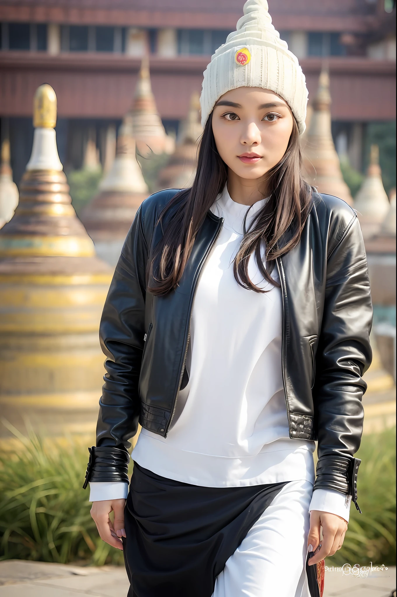 A gorgeous, elegant girl standing in front of Shwedagon Pagoda,(((Pagodas background))), ((((Bagan,Myanmar)))
(8k:1.27), best quality, masterpiece, ultra highres:1.2) Photo of Pretty Japanese woman
(beautiful:1.1) , (beanie:1.61) (leather jacket:1.21) intricate elegant, fantasy, detailed, ometric by greg rutkowski and alphonse mucha, gradient lighting