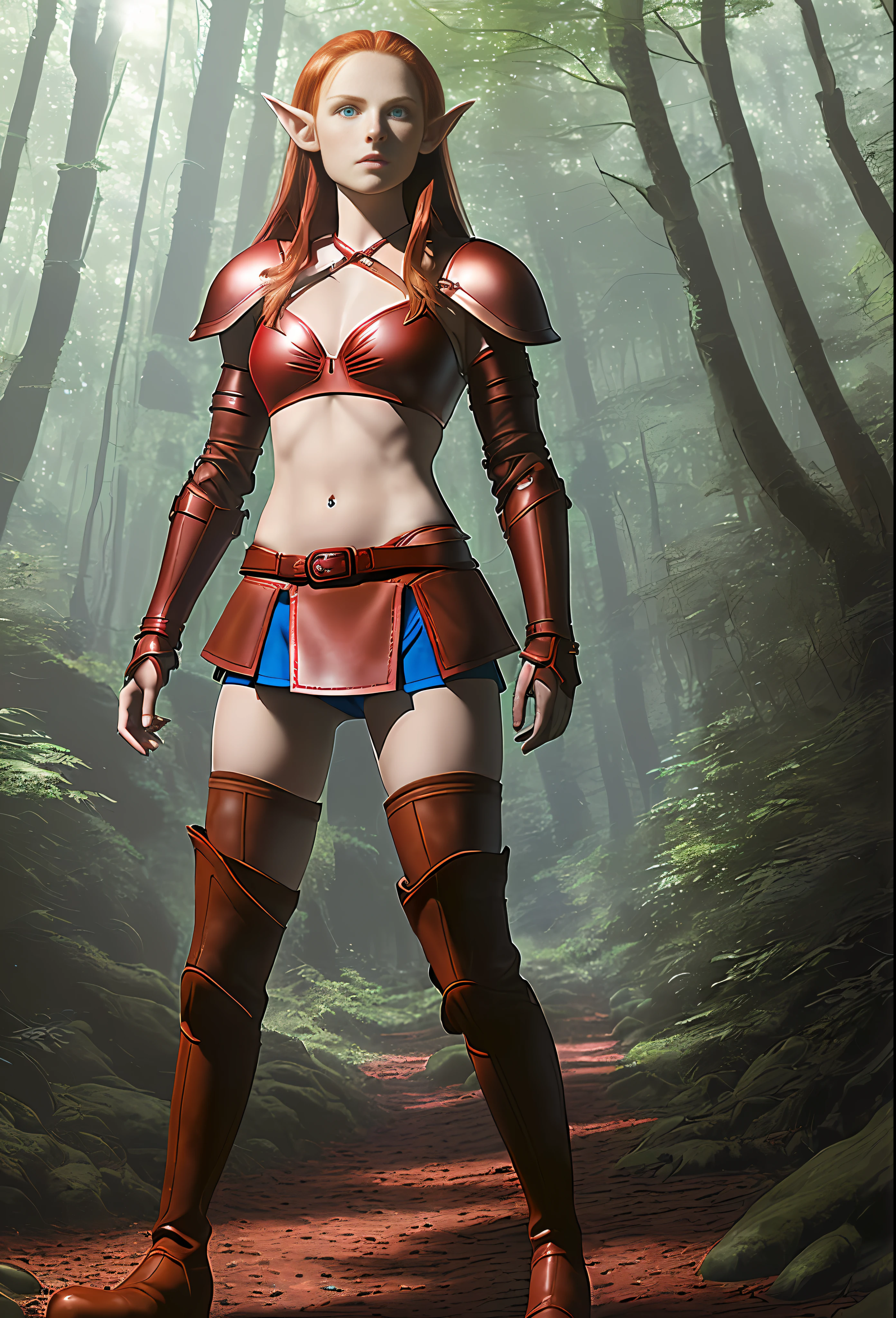 (detailed CG illustration), athletic, young, (red-haired elf girl) with (light blue eyes), wearing a (red leather bikini armor:1.4) paired with a (blue miniskirt:1.6), (knee-length brown leather boots:1.5):, exploring a (forest path), bare midriff.