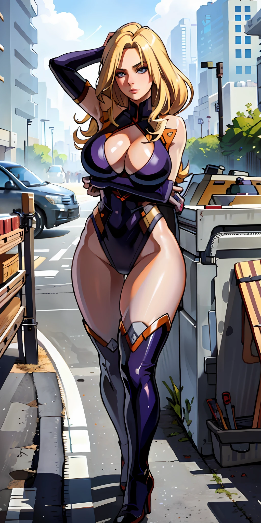 Beautiful woman colored blonde hair, , long breasts, detailed realistic cyberpunk style, redhead,masterpiece, extreme quality, perfect eyes, perfect body, perfect face, cinematic light, digital drawing, sexy neckline, big breasts,1girl only, 2 legs only turned, two arms,perfect body, mature female, soft, perfect and detailed hands, firing her gun, detailed beach background, thick eyelashes, dark makeup, shadow, curvy, blonde