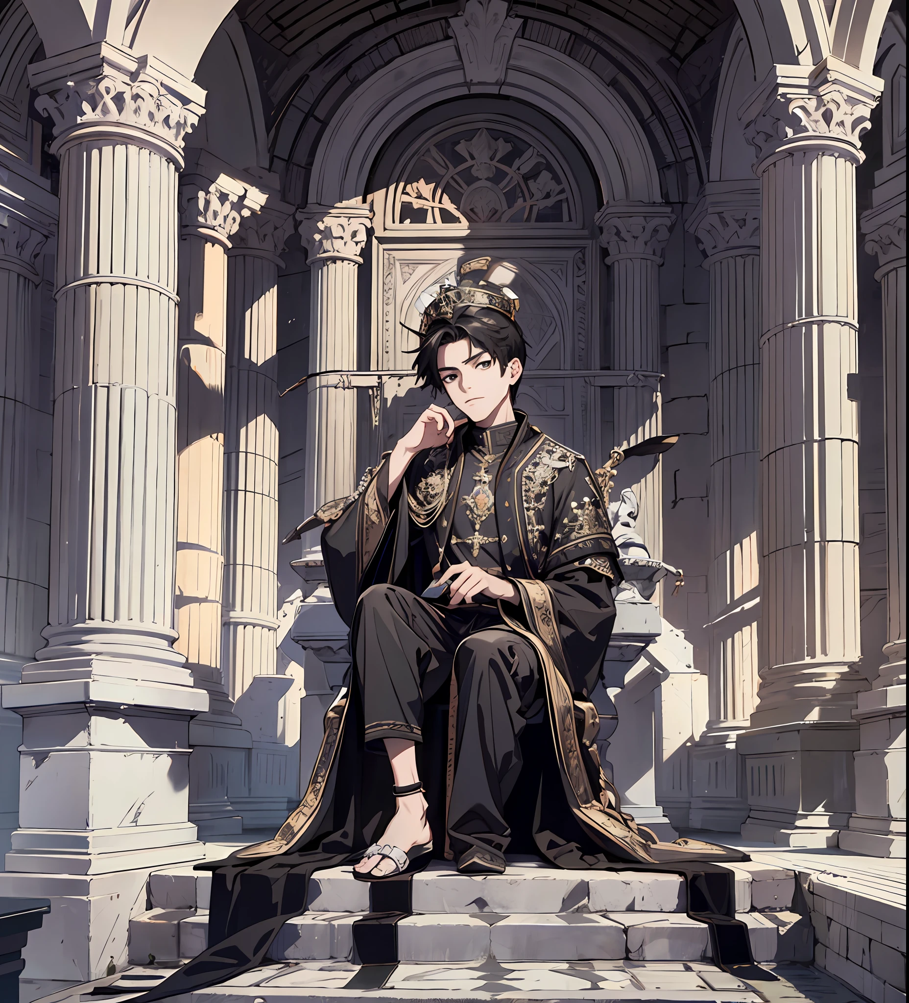 (absurd, tall, ultra detailed)young roman,stone throne,black eyes,sitting on throne,full hd,pre man 12 years,front,back,side