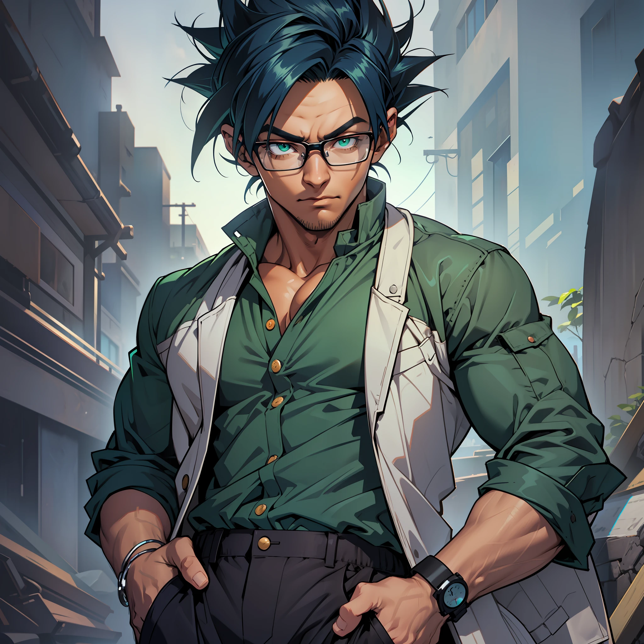 (best ultra-realistic details), masterpiece quality, portrait (1 man), dark skin, long dark blue hair, square glasses, green eyes, dark skin,hand in pocket, black pants; Inspired by the style of Dragon Ball.