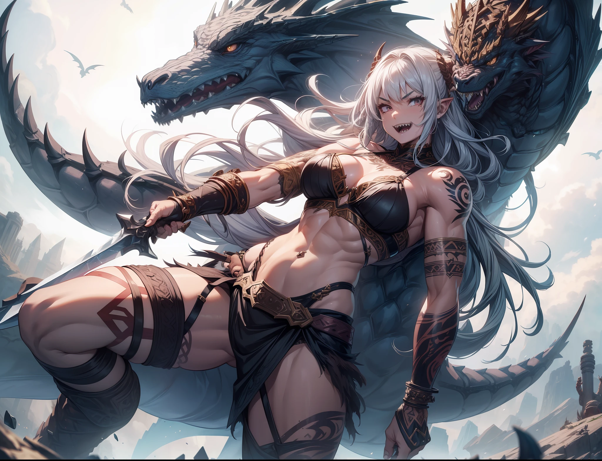 (A muscular and monstrous barbarian girl wielding a massive sword, adorned with intricate tattoos, and baring sharp teeth) + dynamic pose + intricate details + joyfully laughing, with her dragon as a pet