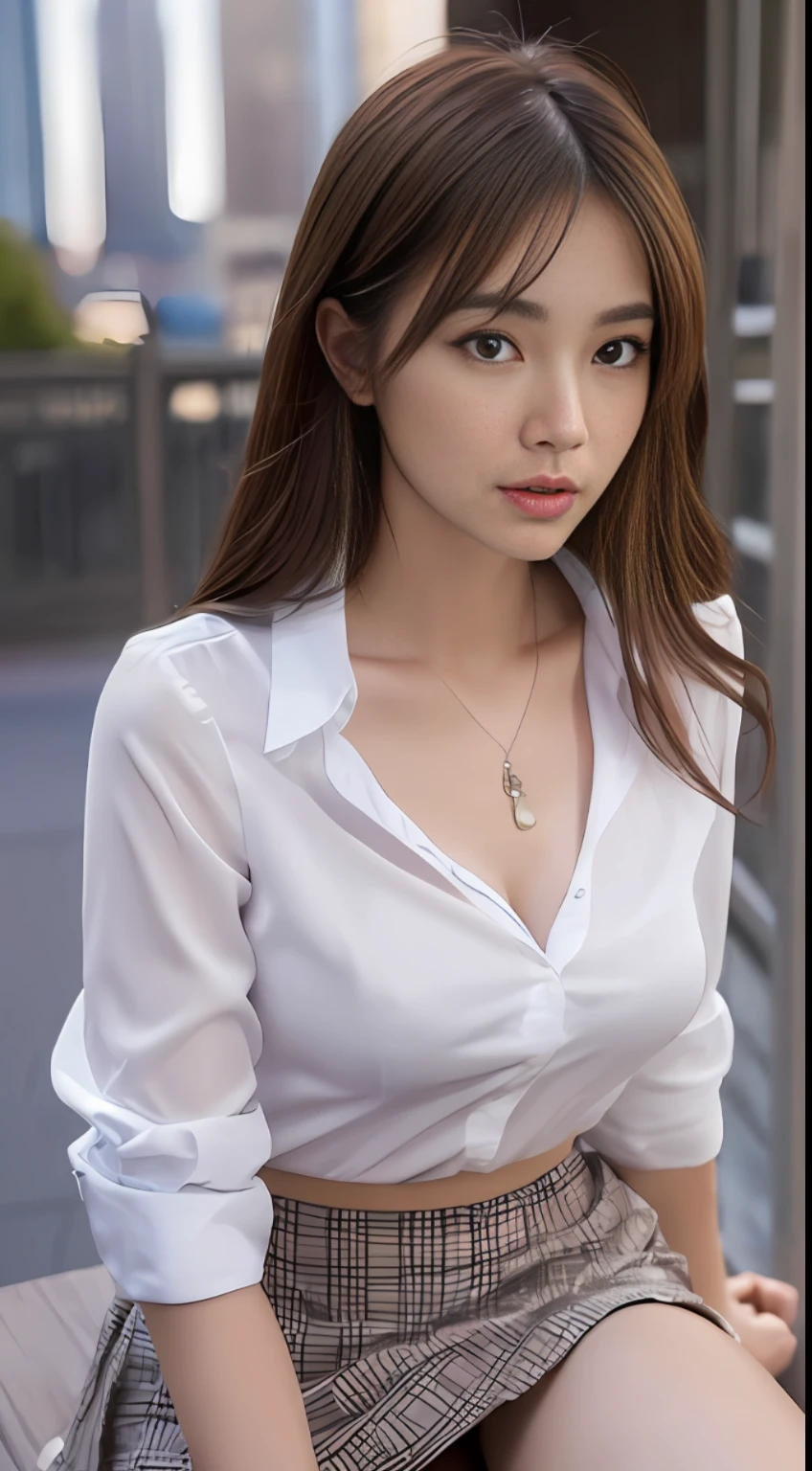 (top quality, high resolution, masterpiece), women in their twenties, amazingly cute, tall and cute woman, slender abs, dark brown hair styled with straight hair, chest, thighs, wearing pendants, white button-up blouse, skirt, (cityscape in background), exquisitely rendered details on face and skin texture, detailed eyes, double eyelids, upper eye use, Slouching, blushing, feeling of looking at me, leaning forward, looking up, whole body, sitting