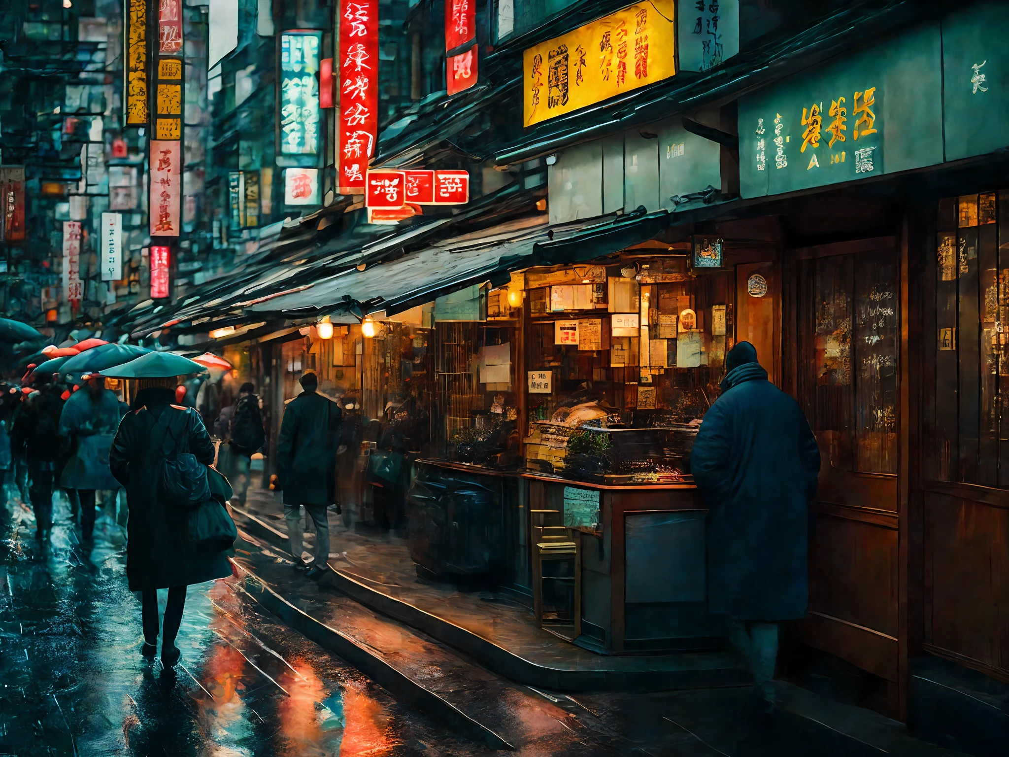 Bustling streets of Tokyo, heavy rain outside, very cold day, a Chinese restaurant where you can see the head chef mood photography news unexposed urban photography, super detail, film photography, cool tones, sharp focus, super detailed skin, professional color grading, raw photos, cinematography, vibrant details, super high quality, (realism: 1.37), masterpiece, Canon EOS 5D Mark IV and fujifilm Superia X - TRA 400 film