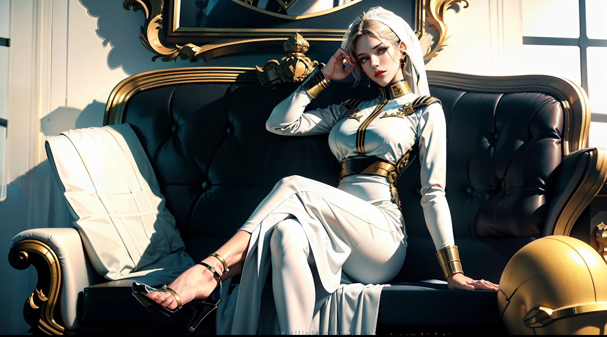 1girl, serra mass, elegant, masterpiece, intricate, realistic, best quality, interior, luxury villa, high facial detail, perfect eyes, mature woman, female journalist, illustration, bright colors, hands on chest, hands dragging chest, big breasts, white silk wedding dress, black high heels, black stockings, upturned legs, sitting on sofa, black stockings, black high heels, white silk wedding dress, realistic facial details, realism, 3D face, single
