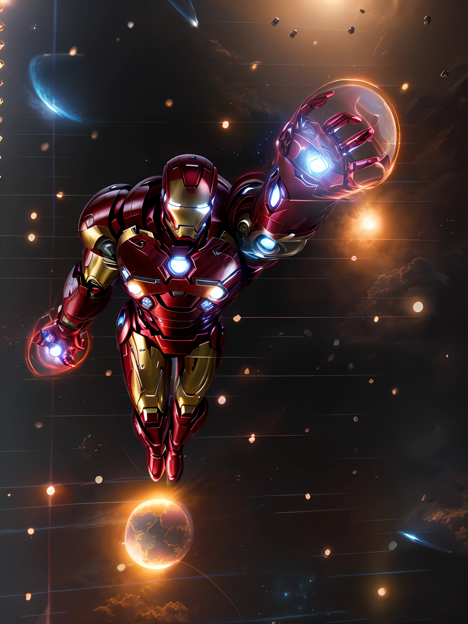 iron man, homem de ferro, marvel, no espaço sideral, planeta terra ao fundo, perspectiva, cinematic lighting, ray tracing, ray tracing, reflection light, perspective, UHD, masterpiece, ccurate, anatomically correct, super detail, high details, high quality, best quality, highres