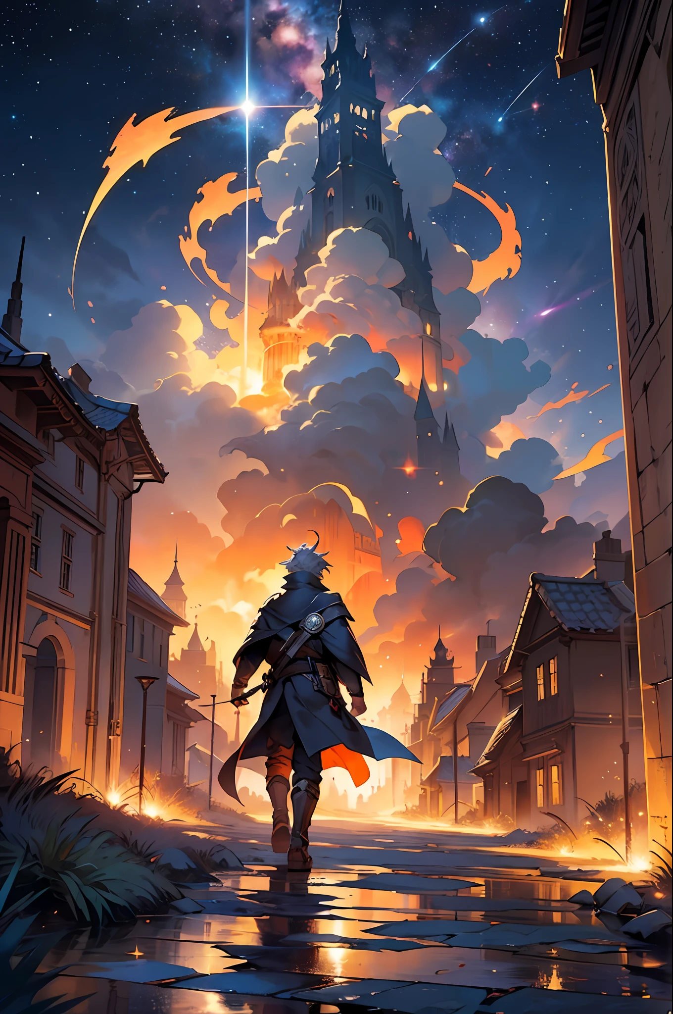 Create a stunning image for the cover of volume 1 of the e-book, depicting a nighttime setting filled with mystery and power. The starry sky serves as a backdrop, with twinkling stars gently illuminating the environment. In the center of the image, a bright, towering meteor is falling, surrounded by a golden halo and engulfed in vibrant orange and gold flames. In the foreground, the protagonist, Lewis, stares at the meteor with determination, holding a glowing object in his hands. His facial expression reveals surprise and determination. Beside Lewis, Abneru, his best friend, watches the meteor with caution and fascination. On the horizon stands a feudal city with tall towers and ancient architecture, shrouded in mysterious shadows. The dark alleys between the buildings hint at enigmatic figures. The image evokes an atmosphere of adventure, mystery and power, inviting viewers to explore the fascinating and dangerous world of history. --auto --s2