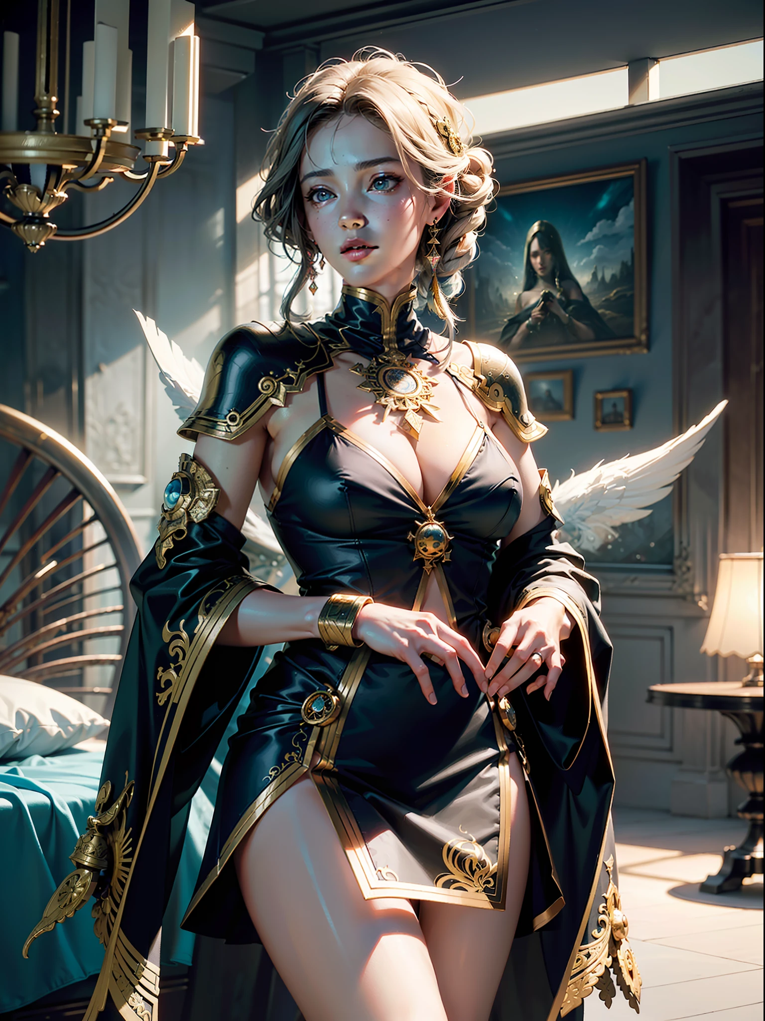 ((best quality)), ((masterpiece:1.2)), (extremely detailed:1.1), (8k, high quality, cinematic, hyper realistic, illustration), (autodesk maya, octane render, unreal engine, game character, ray tracing, hdr), (35mm focal length, f/2 aperture, dynamic perspective, depth of field),(1girl, dynamic angle), the most beautiful form of chaos, a brutalist designed, vivid colours, (zentangle, mandala, tangle, entangle), (fractal art), silk web, 3d, realistic, CG, 3D model, beautiful, elegant, confident, (hdri, bloom, rim lighting, soft lighting, low key), delicate\(armor\) wizard robe