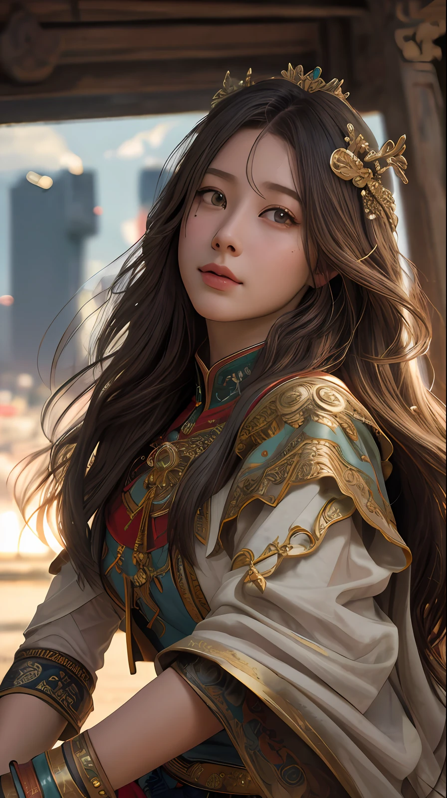 RAW Photo, Best Quality), (Realistic, Photo Realistic: 1.3), Best Quality, Highly Detailed, Masterpiece, Ultra Detailed, Illustration, 1girl, upper_body, Dynamic Angle, World Mastery Theater, messy_long_hair, Best Quality, Extremely Detailed CG Unified 8k Wallpaper, Ink, Amazing, Cinematic Lighting, lens_flare, dunhuang_style, Full Body Photo