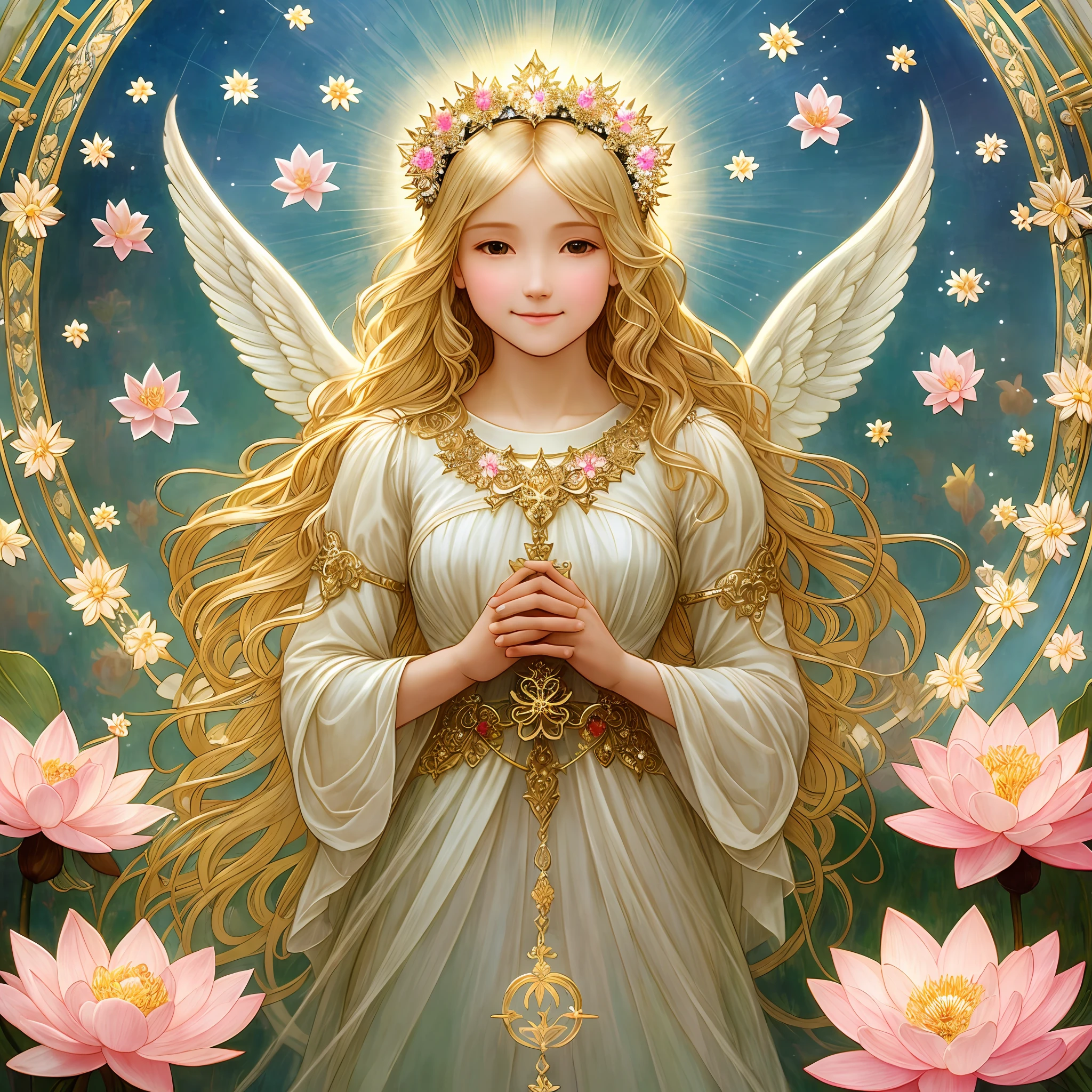 with angel, sparkle, gentle smile, light, goddess, heaven, beauty of people, Mucha, happiness, high image quality, brilliance, flower, lotus, crystal, lassen, medieval, halo, long dress, prayer, blonde --auto --s2