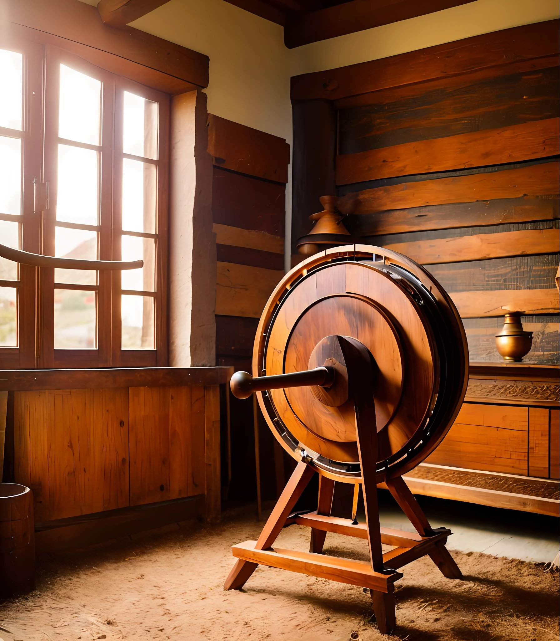 Scifi ART, wooden spinning wheel with wooden legs and a wooden base, an old, a wood, made in 1800, antique renovator, wiring, an old, from an old 18th century, an unknown ethnographic object, vintage!, a picturesque, gadget, ancient, from an old 17th century, very coherent image, strong rim light!!!!!