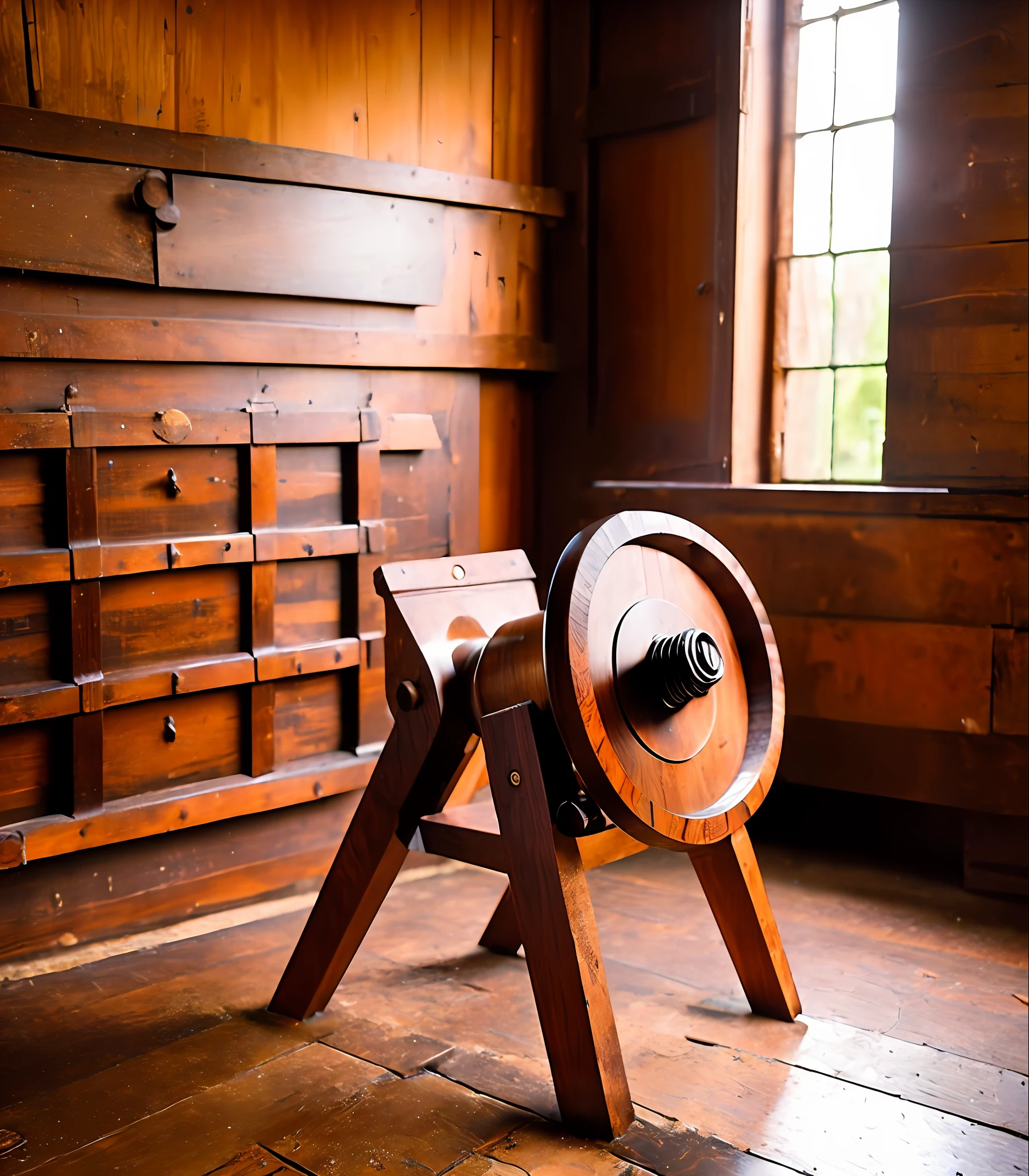 Scifi ART, wooden spinning wheel with wooden legs and a wooden base, an old, a wood, made in 1800, antique renovator, wiring, an old, from an old 18th century, an unknown ethnographic object, vintage!, a picturesque, gadget, ancient, from an old 17th century, very coherent image, strong rim light!!!!!