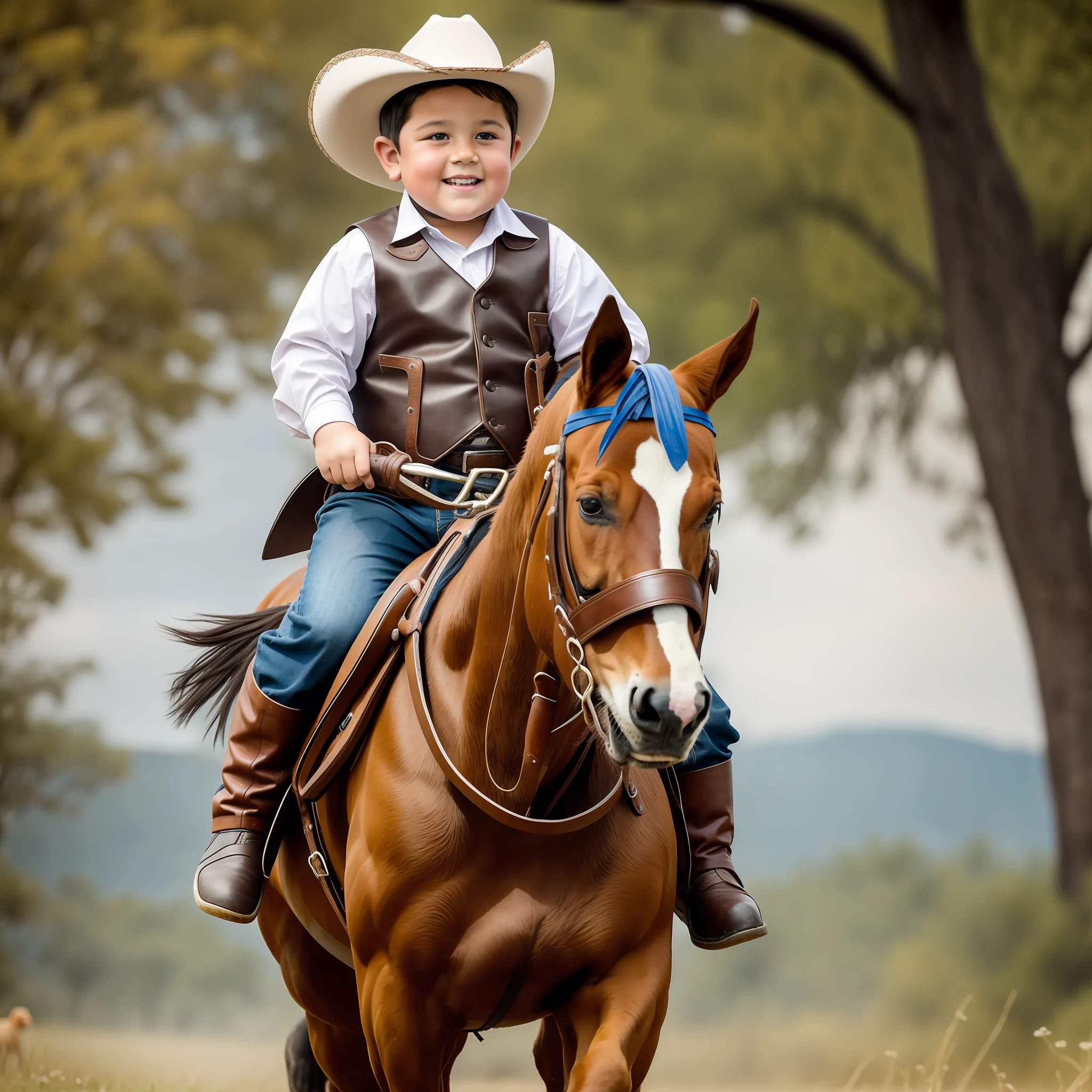 A chubby 8-year-old boy wearing cowboy clothes, riding a horse with a loyal puppy running alongside.