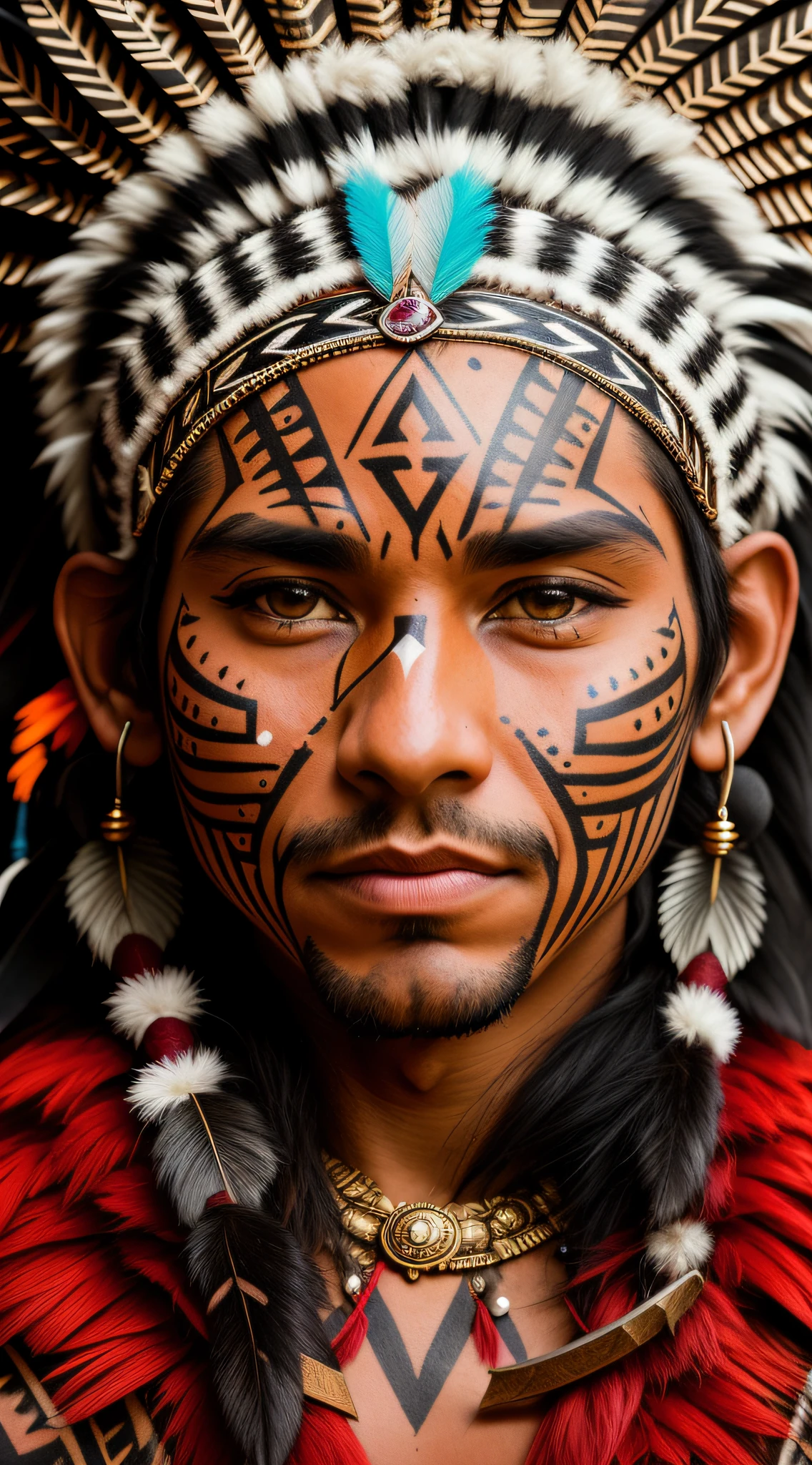 arafed man with tribal face paint and feathered headdress, tribal facepaint, tribal face paintings, facial tribal markings, indigenous man, portrait of a warrior, tribal makeup, portrait of a male warrior, warrior face painting red, tribal paint, tribal piercing and tatoos, ayahuasca shaman, highly detailed skin, indian warrior, ultra detailed portrait --auto --s2