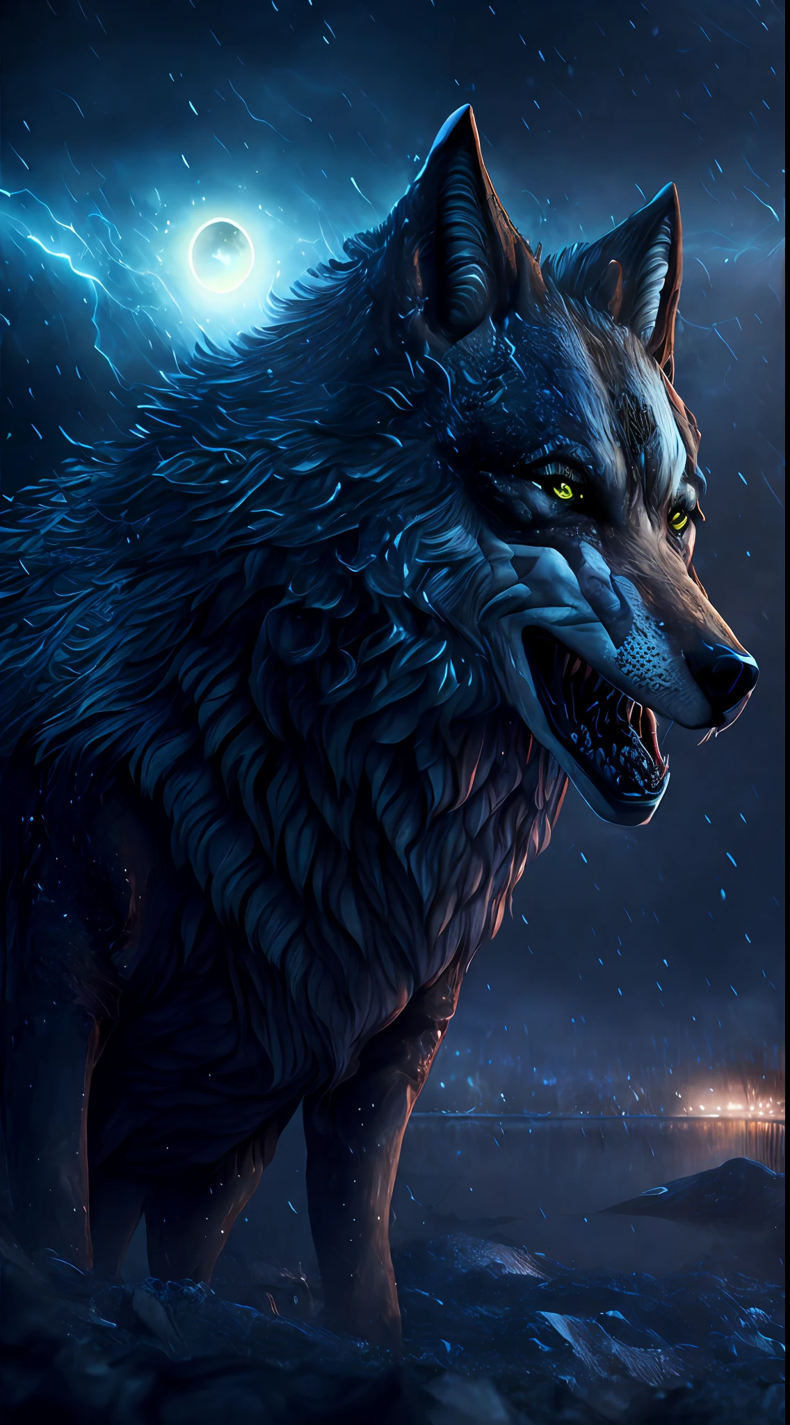 Wolf god, hyper realistic, tension, cold, highly detailed, sharp focus, professional, 8k UHD, cinematic, dark, violent, outdoor, River, battle, chase, dramatic, vivid, nervous vibe, render, epic, twilight, eating the moon, HDR, album cover, blizzard, lightning, cataclysmic