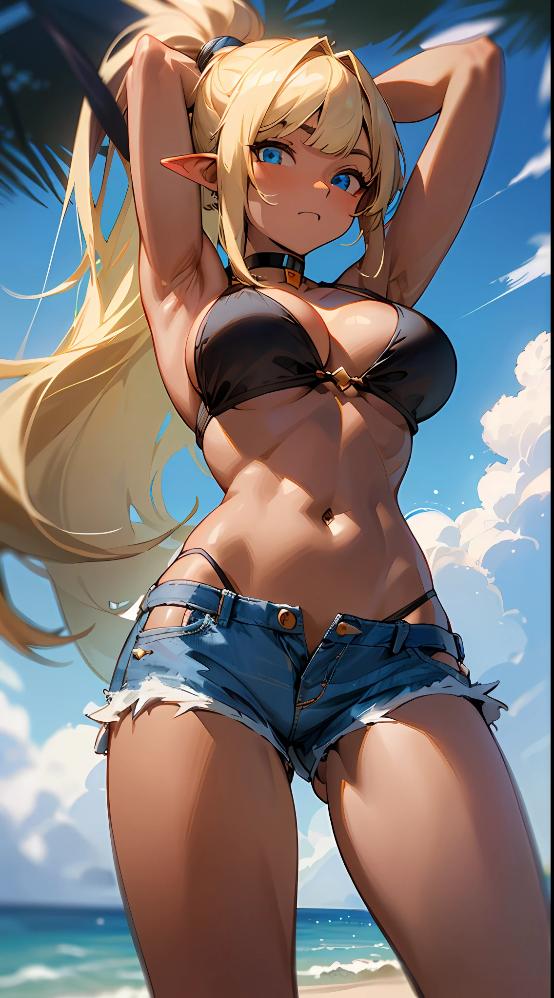 blonde, brown skin, looking down, beach, shy, shy, biting, woman, dark elf, long-haired, (black bikini), denim, choker, blue eye, detailed eyes, shorts, big breasts, thin waist, long bangs, ponytail, super delicate, armpits, from below