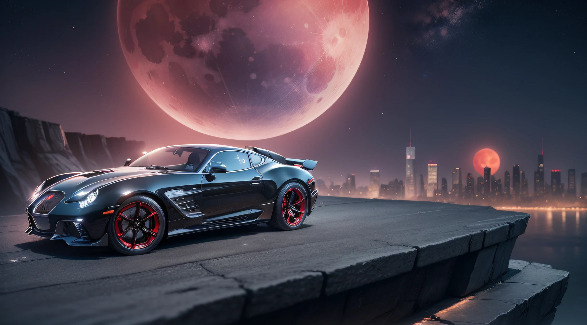A perfume bottle (close-up) on a cliff with the Batmobile behind it, red moon in the sky, high detail, gotham city building, masterpiece, (HDR)(wallpaper)(film lighting)(sharp focus), masterpiece, best quality, (extremely CG 8k unit detailed wallpaper), (best quality)