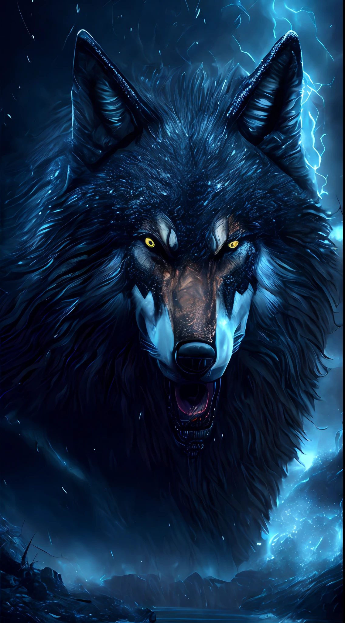 Wolf god, hyper realistic, tension, cold, highly detailed, sharp focus, professional, 8k UHD, cinematic, dark, violent, outdoor, River, battle, chase, dramatic, vivid, nervous vibe, render, epic, twilight, eating the moon, HDR, album cover, blizzard, lightning, cataclysmic