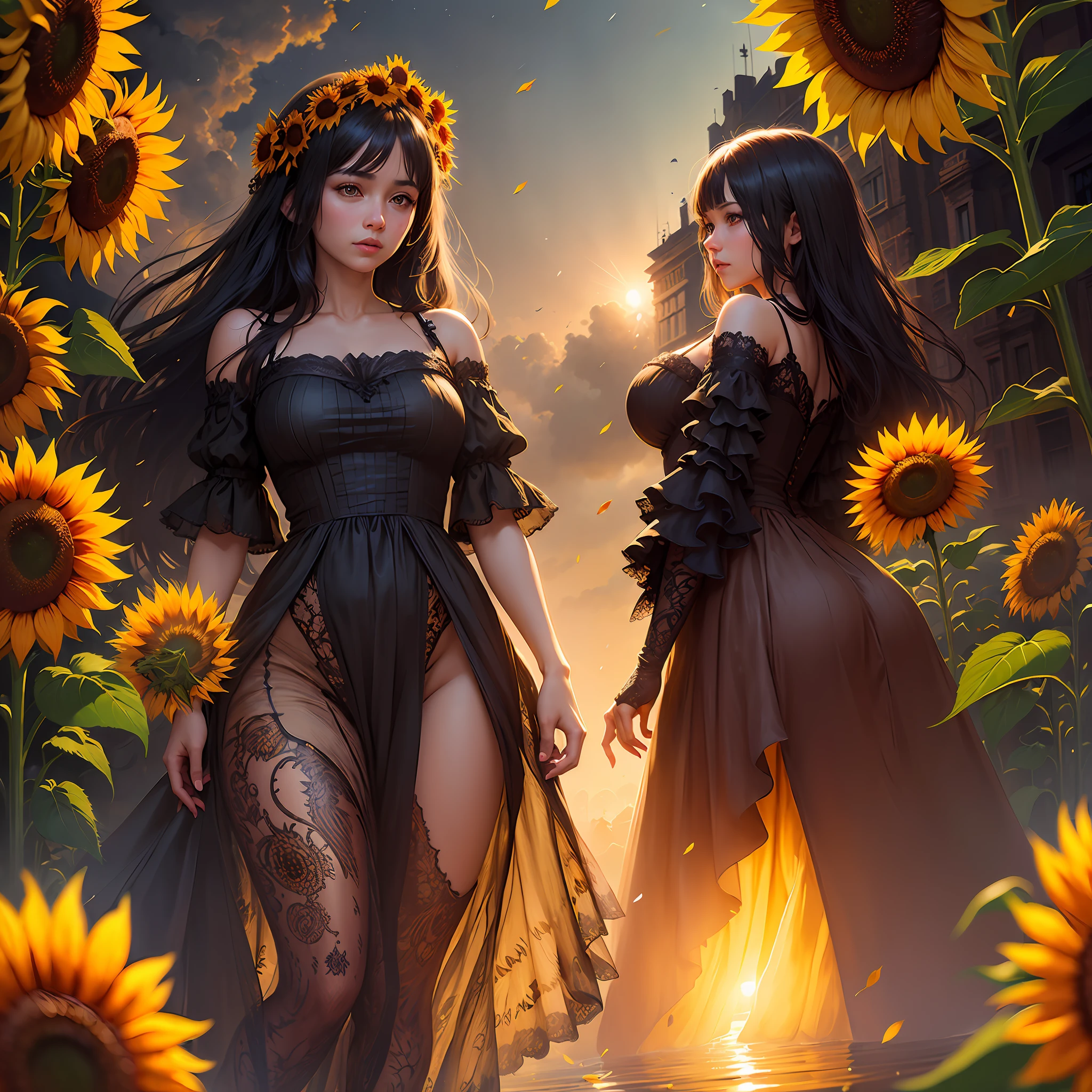 (((hundreds of sunflowers falling from the sky))), rain of sunflowers, fall of sunflowers, night, nightfall, hyperdetailed intricately detailed ultra realistic art trending on Artstation triadic colors Unreal Engine 5 detailed matte painting, deep color, fantastical, intricate detail, splash screen, complementary colors, fantasy concept art, 8k resolution, ultra realistic deviantart masterpiece, (dark shot:0.9), soft cinematic light, adobe lightroom, photolab, hdr, intricate, highly detailed