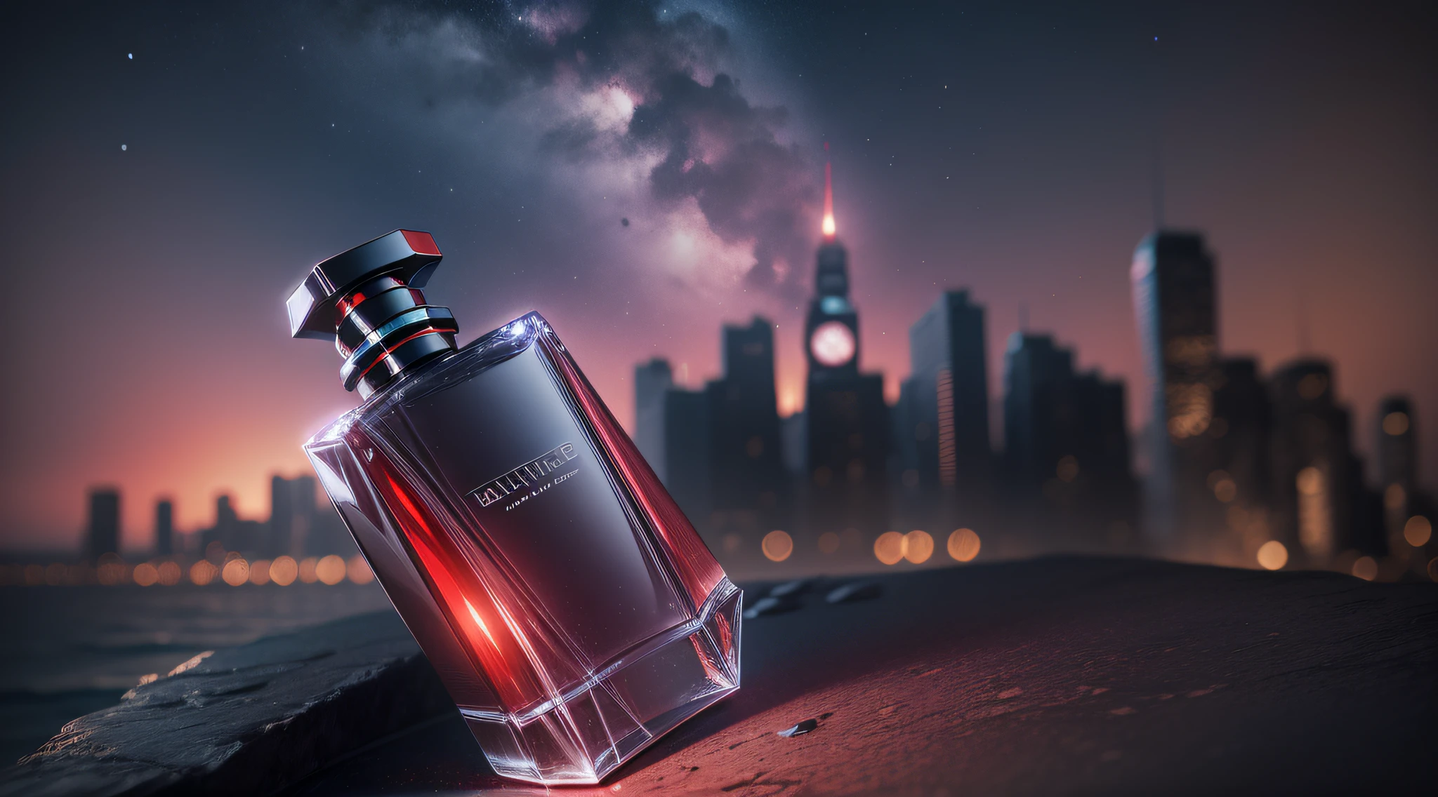 A perfume bottle (close-up) on a cliff with the Batmobile behind it, red moon in the sky, high detail, gotham city building, masterpiece, (HDR)(wallpaper)(film lighting)(sharp focus), masterpiece, best quality, (extremely CG 8k unit detailed wallpaper), (best quality)