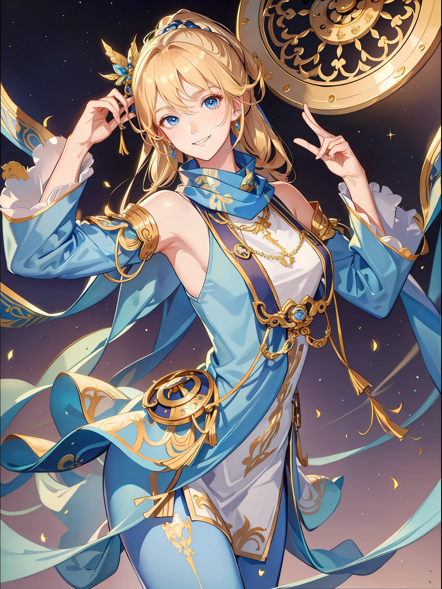 (absurdres, highres, ultra detailed), 1man, manly, solo, wavy blonde hair, adult, blue eyes, ponytail, male focus, beautiful face, casual clothes, charming, smiling, white sun dress, transparent, leggins, bulge, oversize, bare shoulders, collarbone, space opera, sci-fi background, detailed clothing, intricate detailes, scarf, golden ornament, (short dress:1,4), skinny, ginga eiyuu densetsu