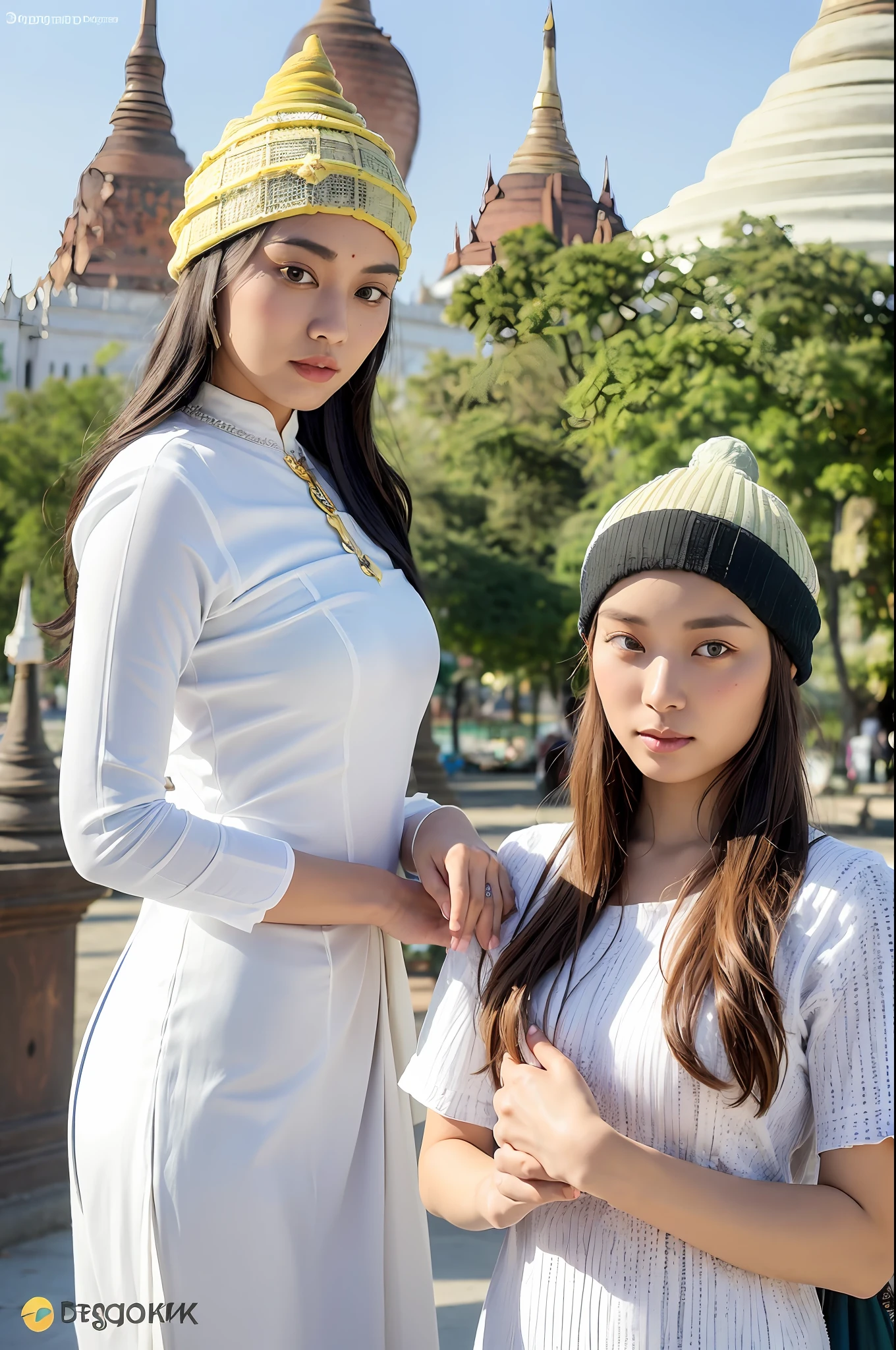 A gorgeous, elegant girl standing in front of Shwedagon Pagoda,(((Pagodas background))), ((((Bagan,Myanmar)))
(8k:1.27), best quality, masterpiece, ultra highres:1.2) Photo of Pretty Japanese woman
(beautiful:1.1) , (beanie:1.61) (traditional Burmese dress:1.21) intricate elegant, fantasy, detailed, ometric by greg rutkowski and alphonse mucha, gradient lighting