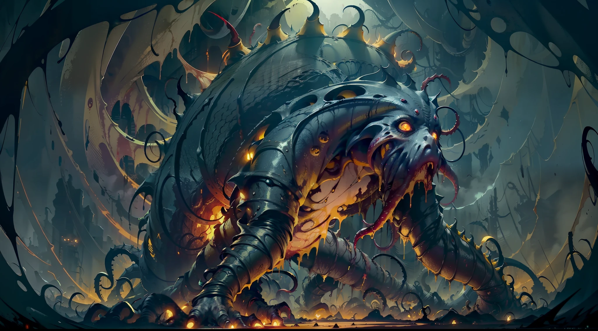 a dark yellow monstrous gore creature, with yellow tentacles and bloody corpse, crawling in the dark of the night, surrounded by dark yellow mist and tentacles, blood and darkness