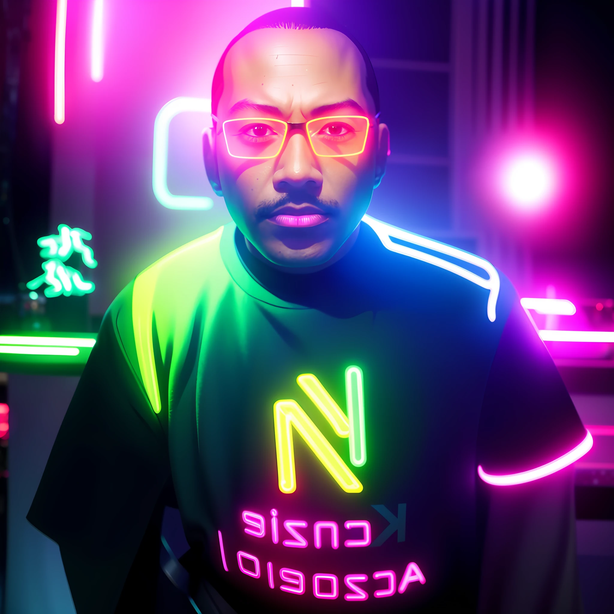 There is a black man sitting in a chair, style, 2 , no beard, shaved hair, realistic portrait, wearing (glasses) ((neon)) dark background lighting, close-up, product vision, detailed facial details, perfect face, sharpness, trend in arts, sharp facial details, cgsociety, ultra quality digital art, hyper exquisite details, 4k, neon lighting 8k, --iso 100 dreamer, fashion -, futurist wearing neon samurai armor, dark background, vaporware, cyberpunk darksynth, professional, masterpiece, commissioned, silenced saturation, art by daft punk