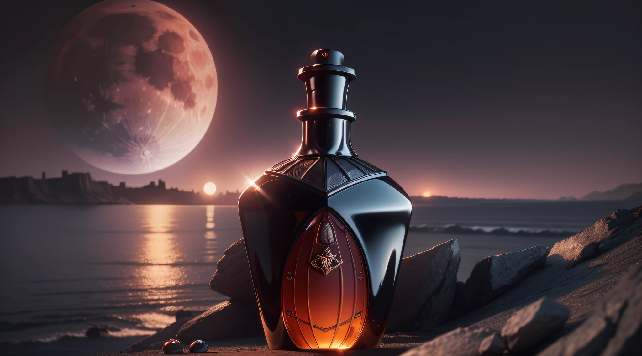 A perfume bottle (close-up) on a cliff with the Batmobile behind it, red moon in the sky, high detail, gotham city building, masterpiece, (HDR)(wallpaper)(film lighting)(sharp focus), masterpiece, best quality, (extremely CG 8k unit detailed wallpaper), (best quality)