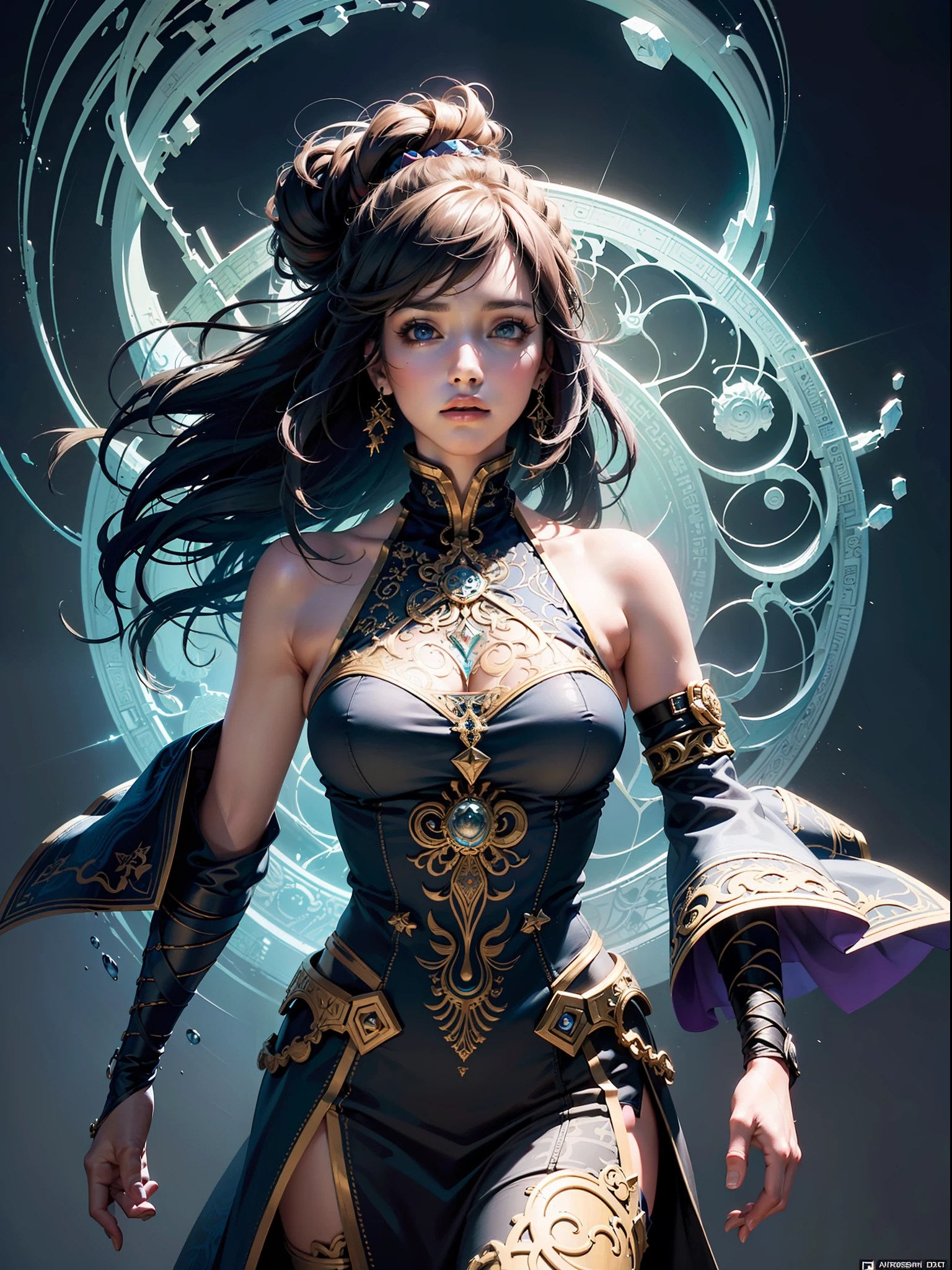 ((best quality)), ((masterpiece:1.2)), (extremely detailed:1.1), (8k, high quality, cinematic, hyper realistic, illustration), (autodesk maya, octane render, unreal engine, game character, ray tracing, hdr), (35mm focal length, f/2 aperture, dynamic perspective, depth of field),(1girl, dynamic angle), the most beautiful form of chaos, a brutalist designed, vivid colours, (zentangle, mandala, tangle, entangle), (fractal art), silk web, 3d, realistic, CG, 3D model, beautiful, elegant, confident, (hdri, bloom, rim lighting, soft lighting, low key), delicate\(armor\) wizard robe