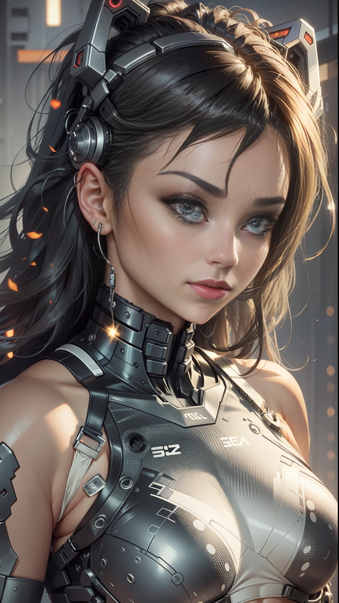 Beautiful cybernetic girl looking at camera underwear detailed muscles realistic masterpiece