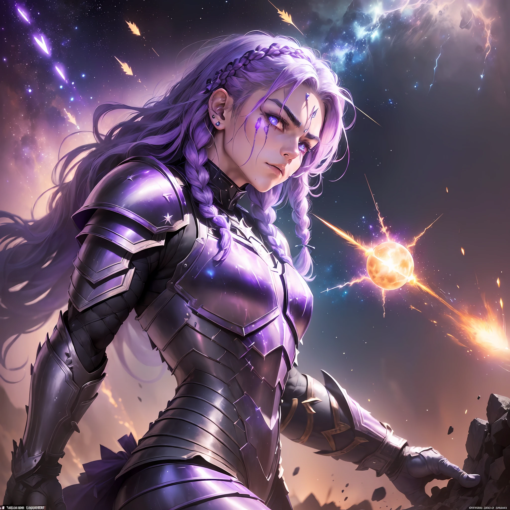 ((man: muscle, torn armor, long braided hair, eyebrow tip blood on eyes)), in one-sided thrust arena ((armor: large, glowing, star, violet, made of space dust, shiny, pierced by arrows) ) same arrow ((firearms fell, hit them with shield ((earth: brightness, ashes)), wide shot, side to side --auto --s2