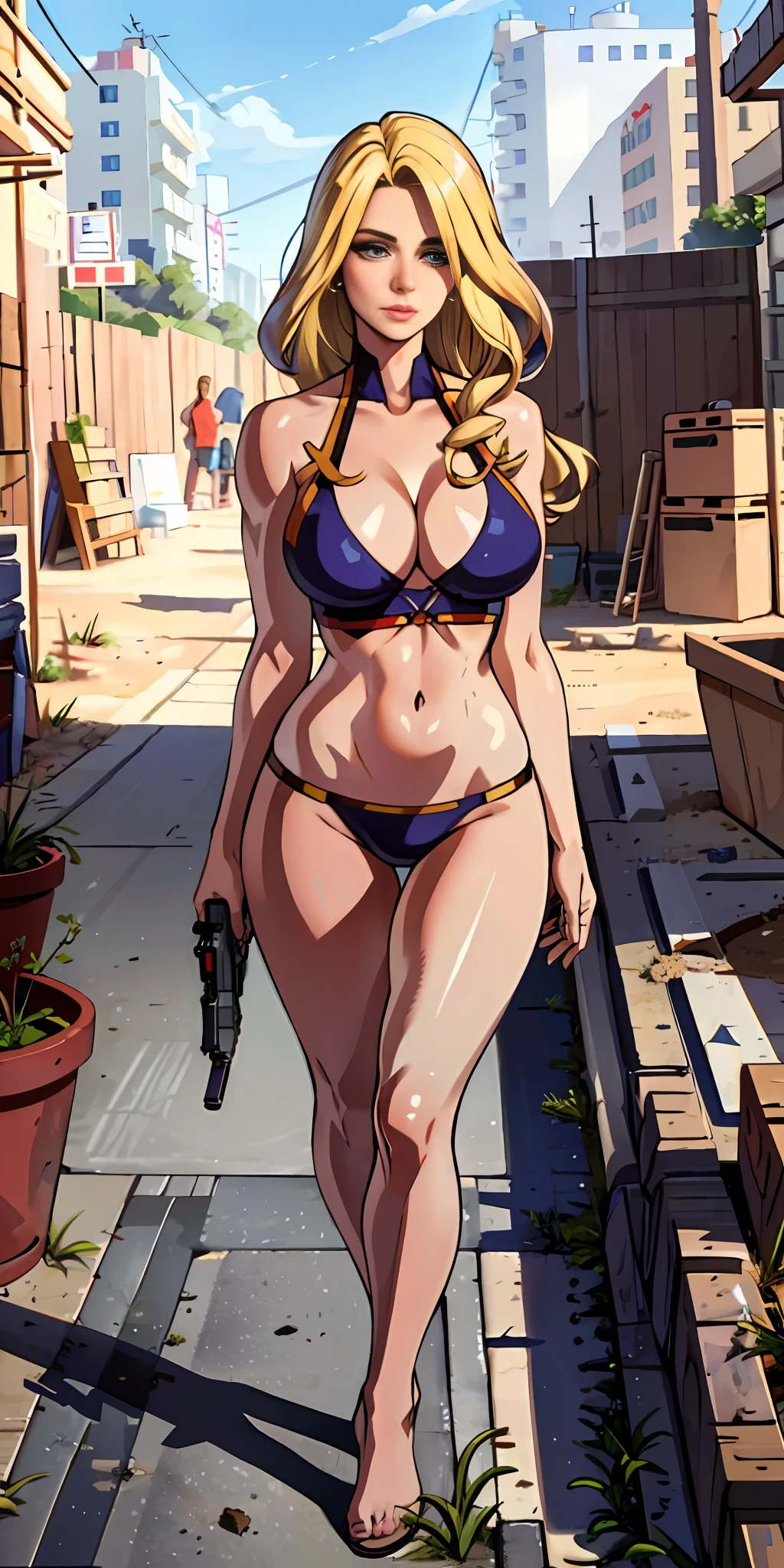 Beautiful woman colored blonde hair, , long breasts, detailed realistic cyberpunk style, redhead,masterpiece, extreme quality, perfect eyes, perfect body, perfect face, cinematic light, digital drawing, sexy neckline, big breasts,1girl only, 2 legs only turned, two arms,perfect body, mature female, soft, perfect and detailed hands, firing her gun, detailed beach background, thick eyelashes, dark makeup, shadow, curvy, blonde