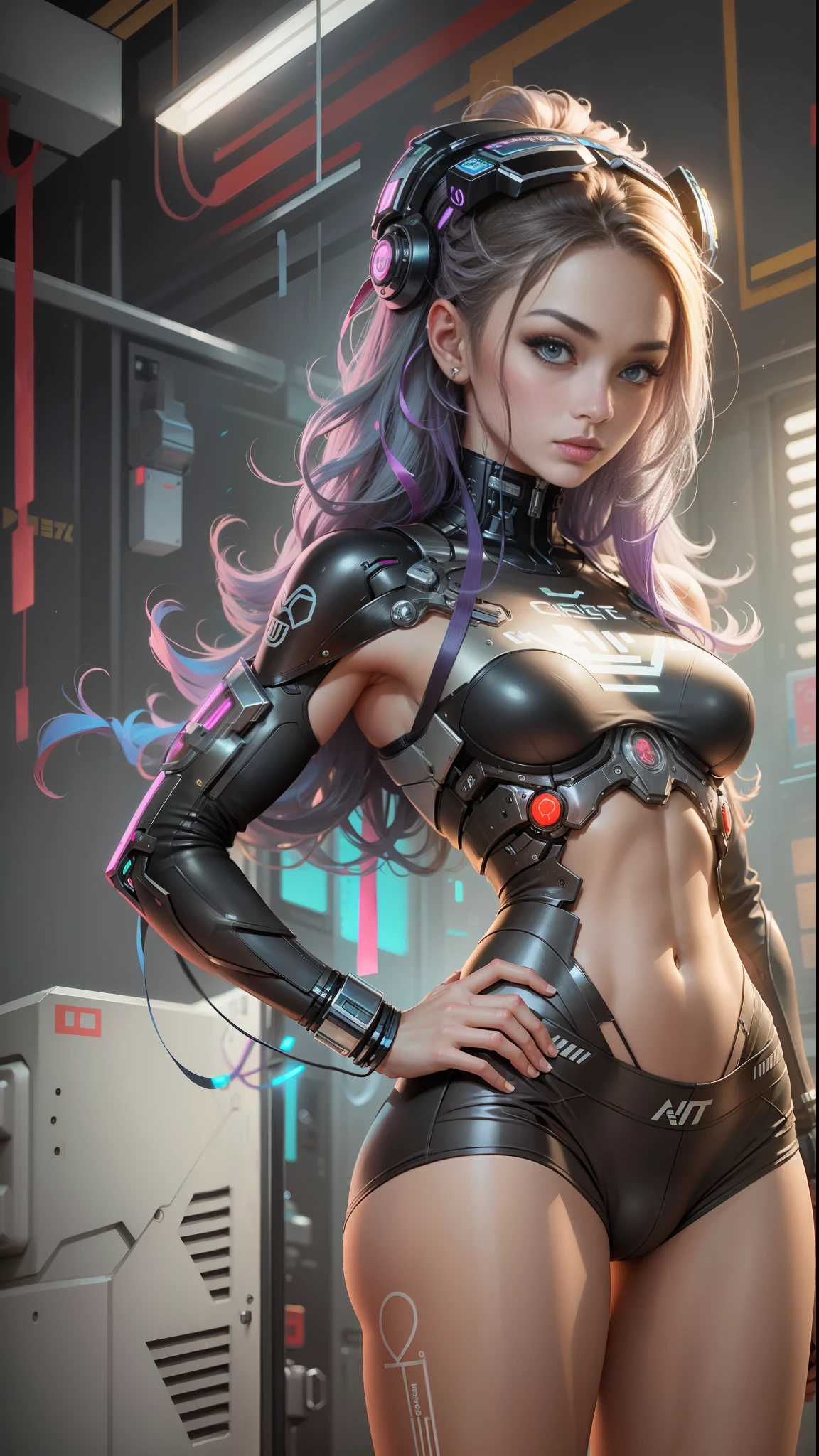 Beautiful cybernetic girl looking at camera underwear detailed muscles realistic masterpiece