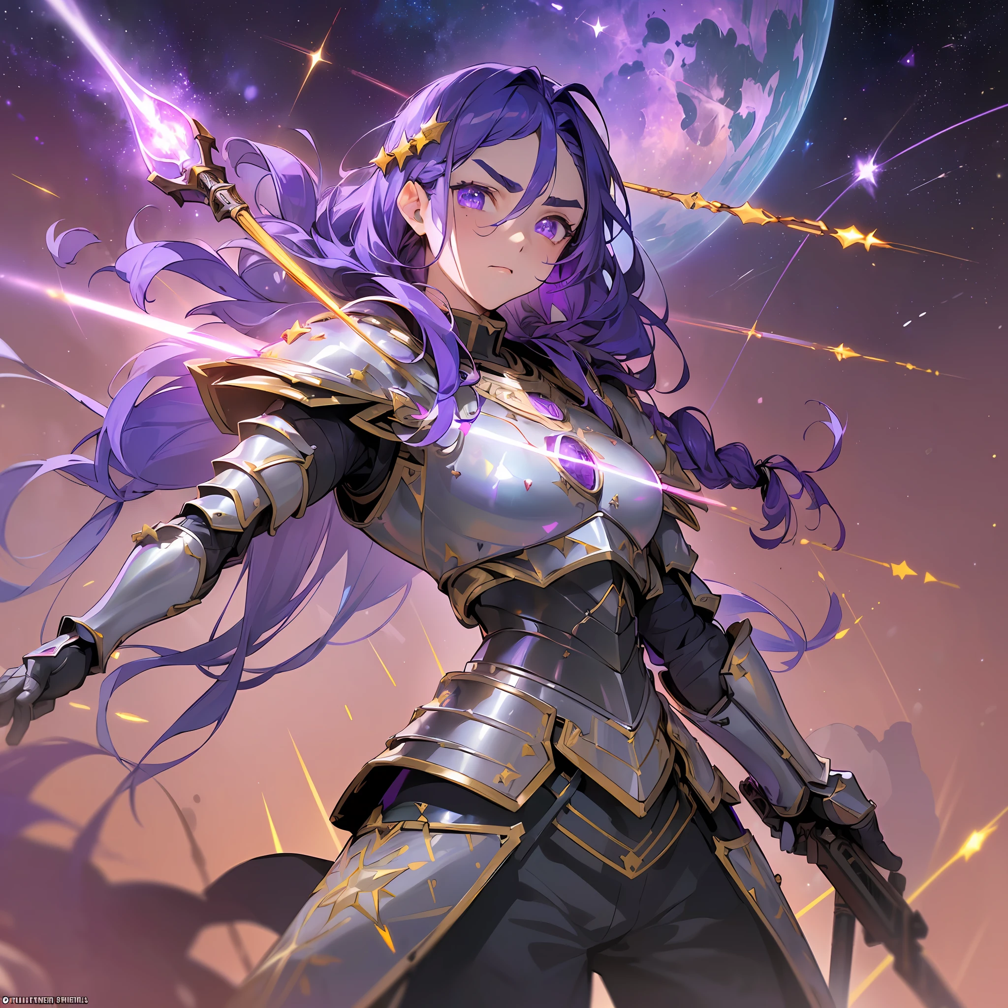 ((man: muscle, torn armor, long braided hair, eyebrow tip blood on eyes)), in one-sided thrust arena ((armor: large, glowing, star, violet, made of space dust, shiny, pierced by arrows) ) same arrow ((firearms fell, hit them with shield ((earth: brightness, ashes)), wide shot, side to side