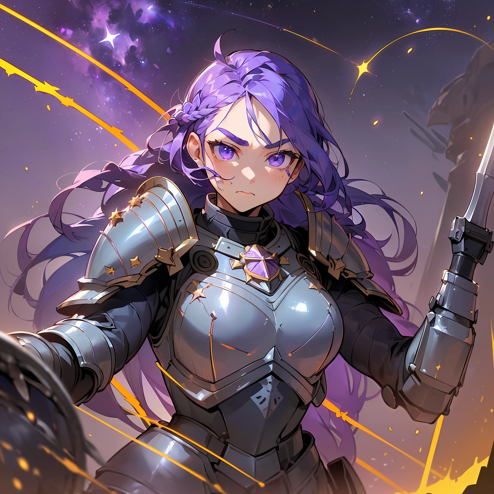((man: muscle, torn armor, long braided hair, eyebrow tip blood on eyes)), in one-sided thrust arena ((armor: large, glowing, star, violet, made of space dust, shiny, pierced by arrows)  ) same arrow ((firearms fell, hit them with shield ((earth: brightness, ashes)), wide shot, side to side