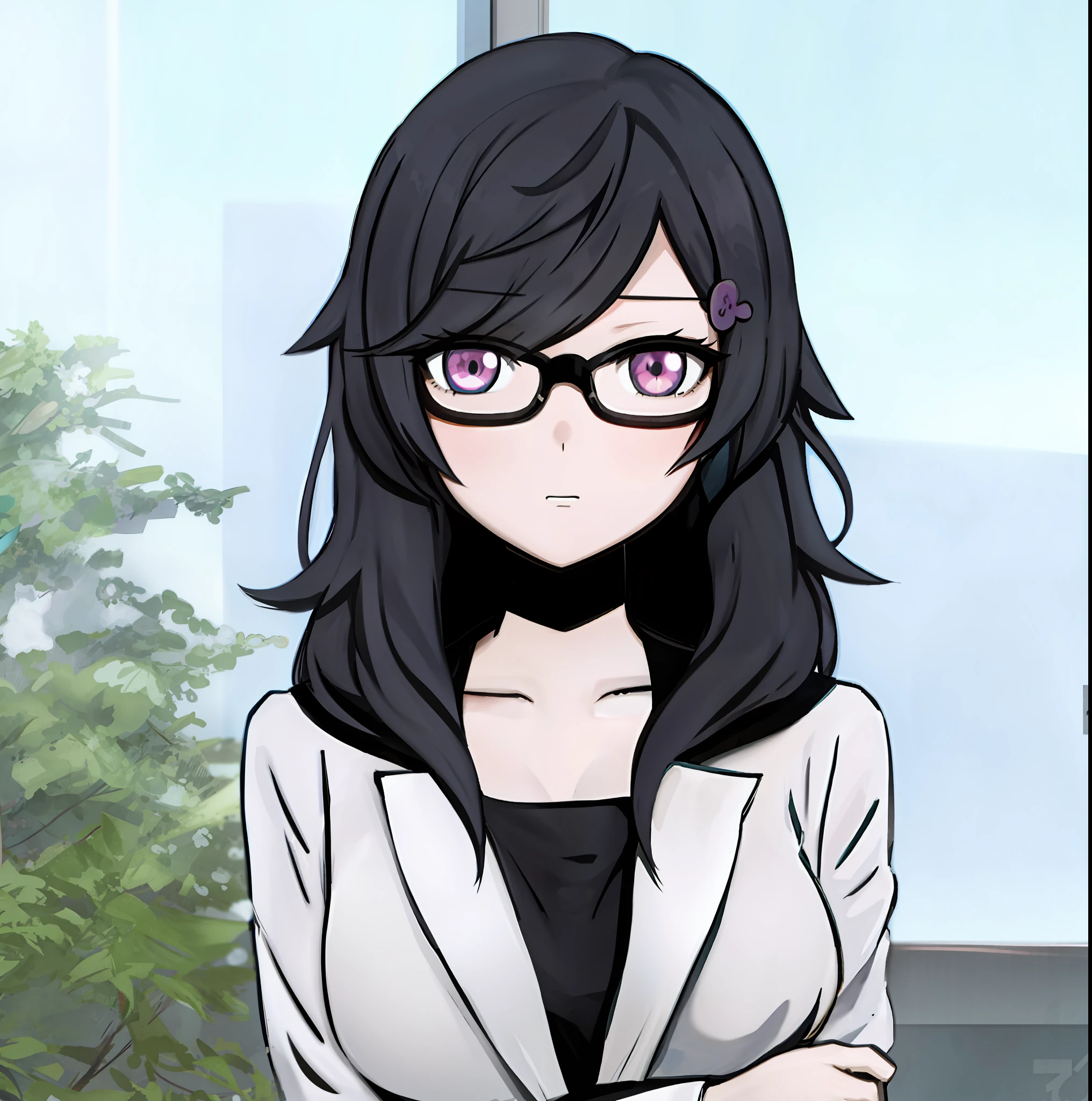 anime girl with glasses and a white shirt standing in front of a window, junko enoshima from danganronpa, junko enoshima, chiaki nanami from danganronpa, yayoi kasuma, akane owari danganronpa, hints of yayoi kasuma, as an anime character, hinata hyuga, purple hairpin, white hair