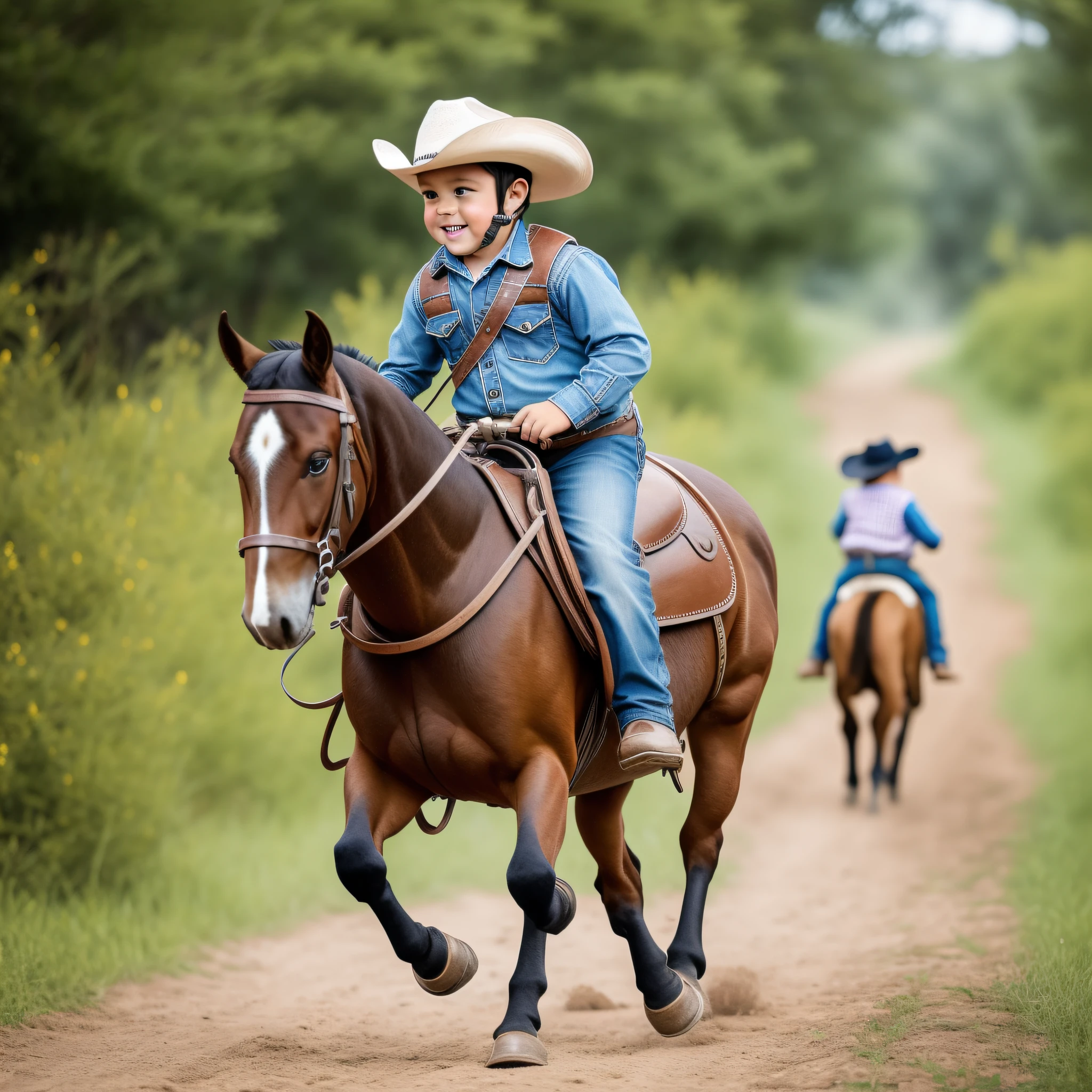 A chubby 8--old wearing cowboy clothes, riding a horse with a loyal puppy running alongside.
