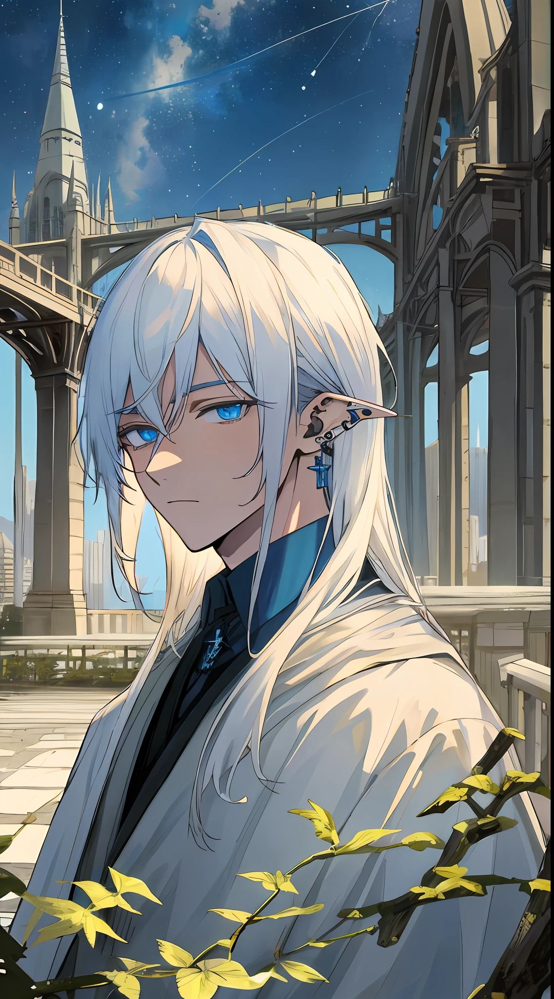 (((8k, RAW photo, best quality, Masterpiece: 1.4))), super high resolution, super detailed, illustration, close-up, handsome man, blue eyes, (detailed eyes, bright eyes:1.2), white medium-length hair, elf, pale skin, ear piercings, detailed clothing, accessories on clothes, bridge in the background, only environment, broken laboratory, starry sky, architecture, future, imagination, outdoor, High quality shadows, natural lighting
