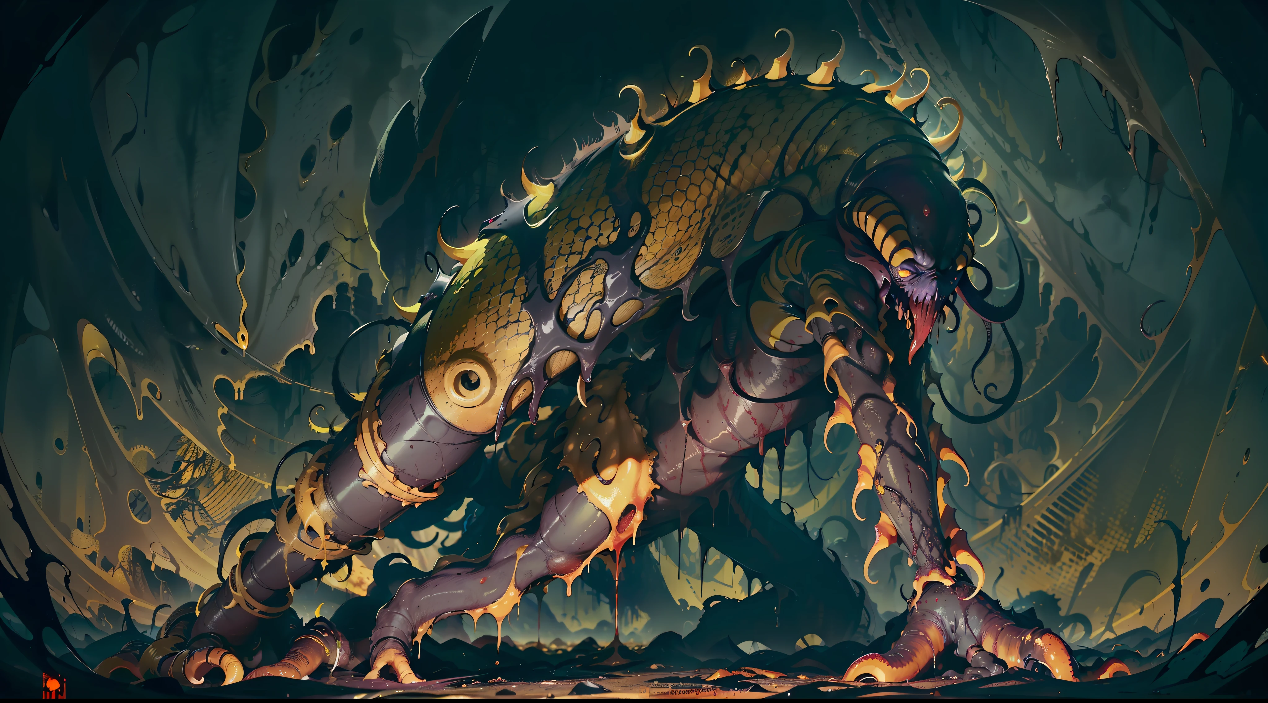 a dark yellow monstrous gore creature, with yellow tentacles and bloody corpse, crawling in the dark of the night, surrounded by dark yellow mist and tentacles, blood and darkness
