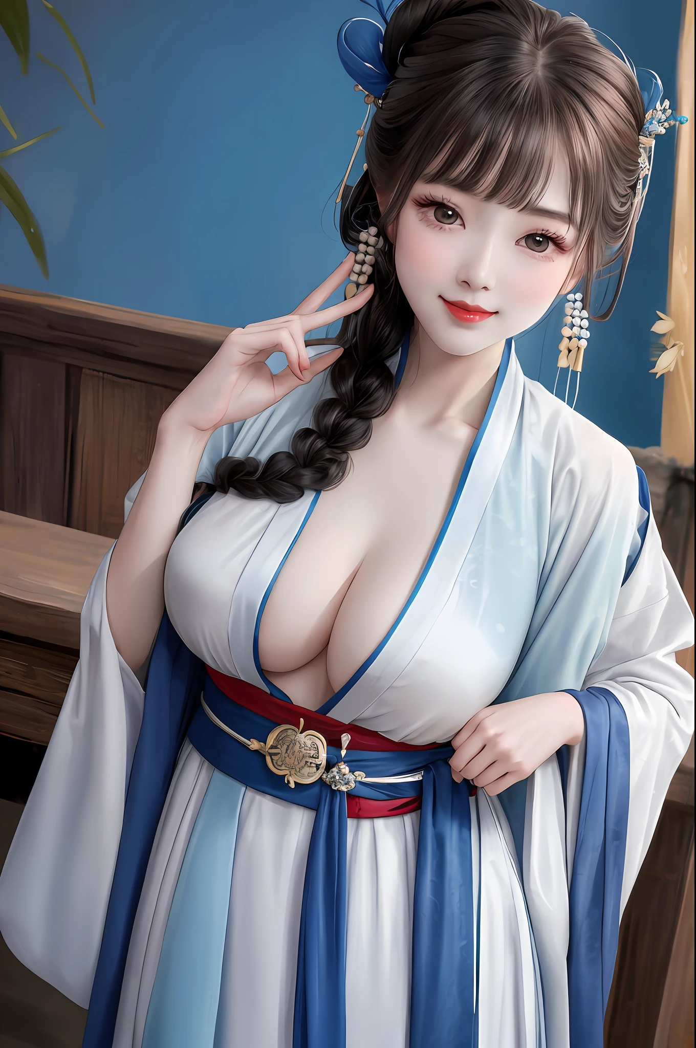 ((wide shot)),(full body),(bend over), 

((wide shot)),(full body), 1girl, [(blue ru_qun:1.4):(hanfu:1.4):0.2],perfect natural breasts(big breasts under wearing),(kpop idol:0.2),pearl skin,real human skin, black choker, red hair ornament,white detailed clothes, (blue obi:1.4), 

(extremly berutiful detailed face), happy mood, detailed eyes, thick eyebrows, red eyeshadow,shiny eyes, looking at viewer,smile,(smooth chin:0.85), long hair, blunt bangs, braid, golden hair ornament,