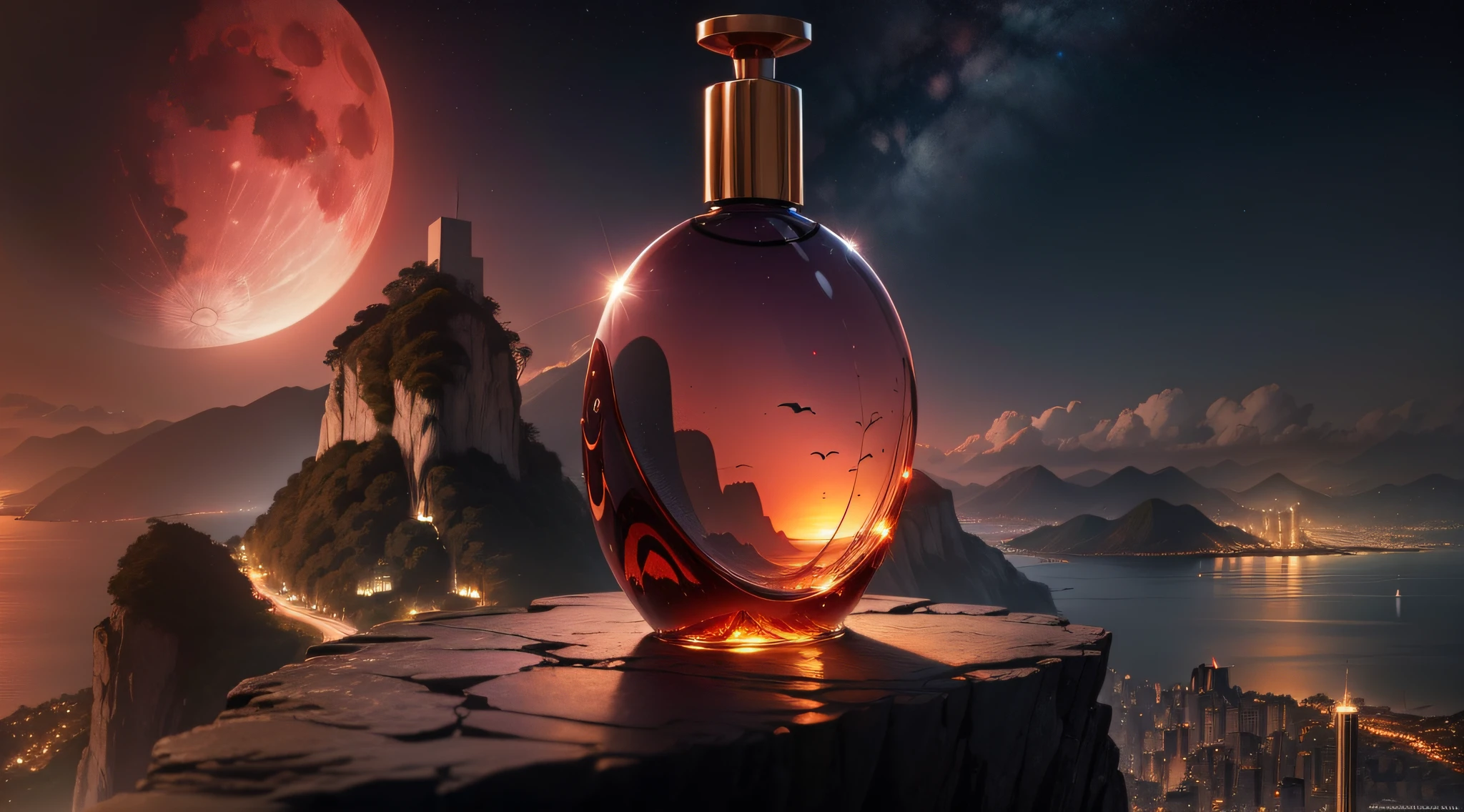 A perfume bottle (close-up) on a cliff with Rio de Janeiro behind it, red moon in the sky, high detail, gotham city building, masterpiece, (HDR)(wallpaper)(film lighting)(sharp focus), masterpiece, best quality, (extremely detailed wallpaper of CG 8k unit), (best quality)