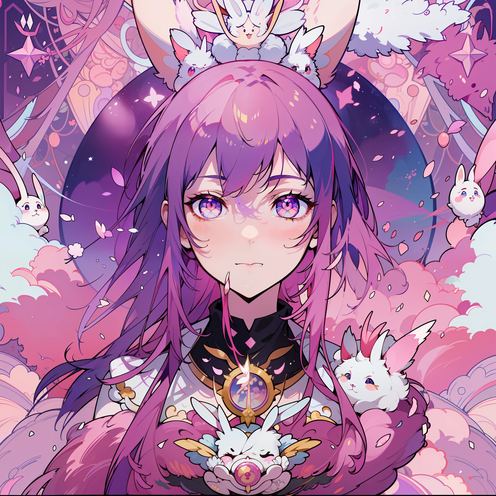 Portrait of a charming rabbit alchemist living on the mythical moon, Tsukuyomi no Mikoto who became a rabbit in a business suit, woman with rabbit ears, anime girl, odd-eyed, kaleidoscopic beautiful eyes, NFT art, Ethereum, concept art, using only pastel color palette, kawaii, retro future, most beautiful images, 4K, anime art
