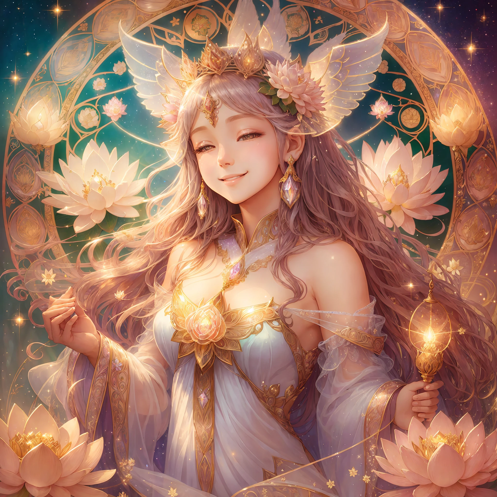 with angel, glitter, bright smile, light, goddess, heaven, human beauty, Mucha, happiness, high image quality, shine, flower, crystal, lassen, medieval, halo, long dress, prayer, lotus flower --auto --s2