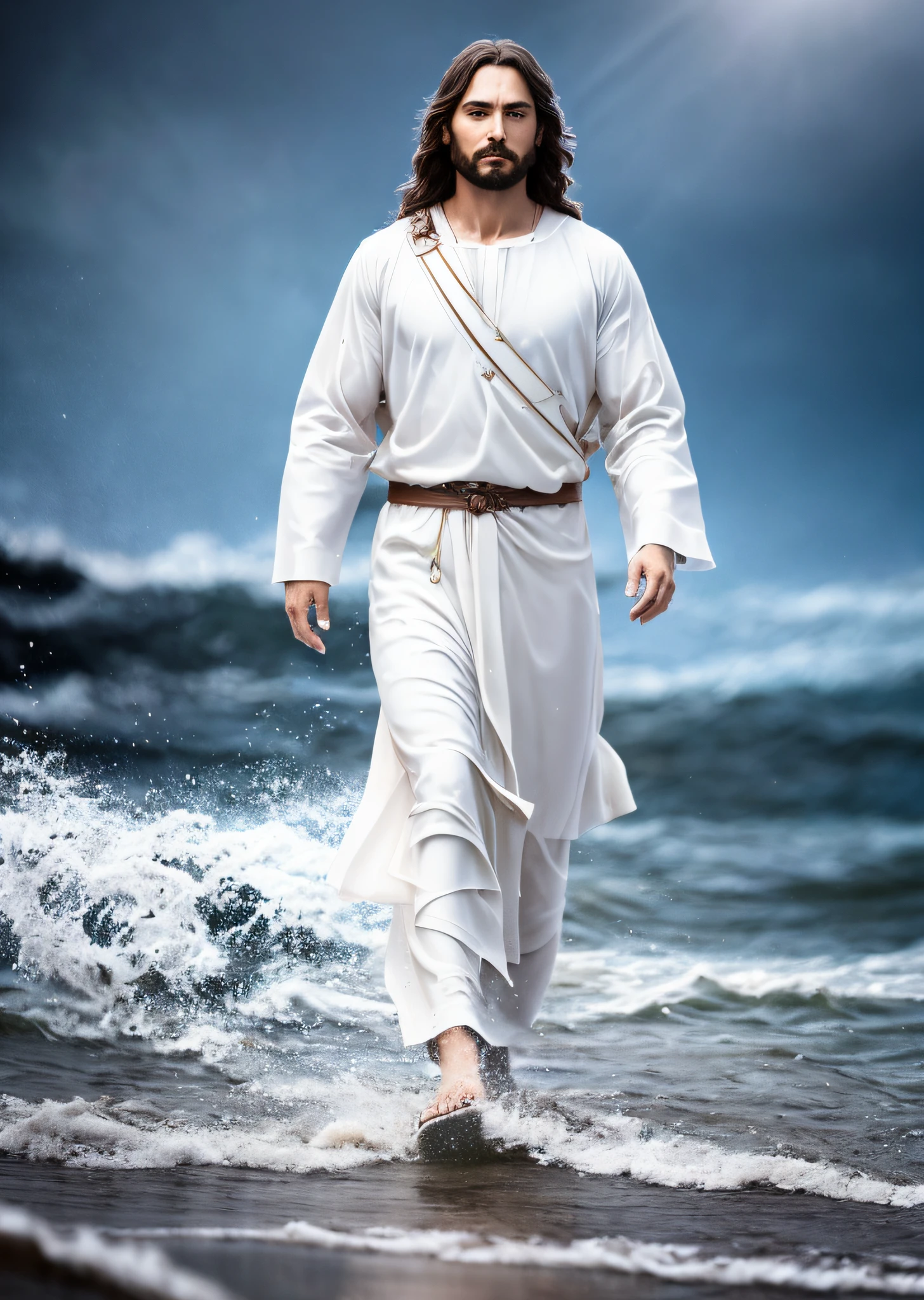 Jesus walking on water in a storm, gentle expression, streaks of light coming down from the sky, masterpiece, highest quality, high quality, highly detailed CG unit 8k wallpaper, award-winning photos, bokeh, depth of field, HDR, bloom, chromatic aberration, realistic, very detailed, trending at artstation, trending at CGsociety, complex, high detail, dramatic, mid-journey art, volumetric lighting