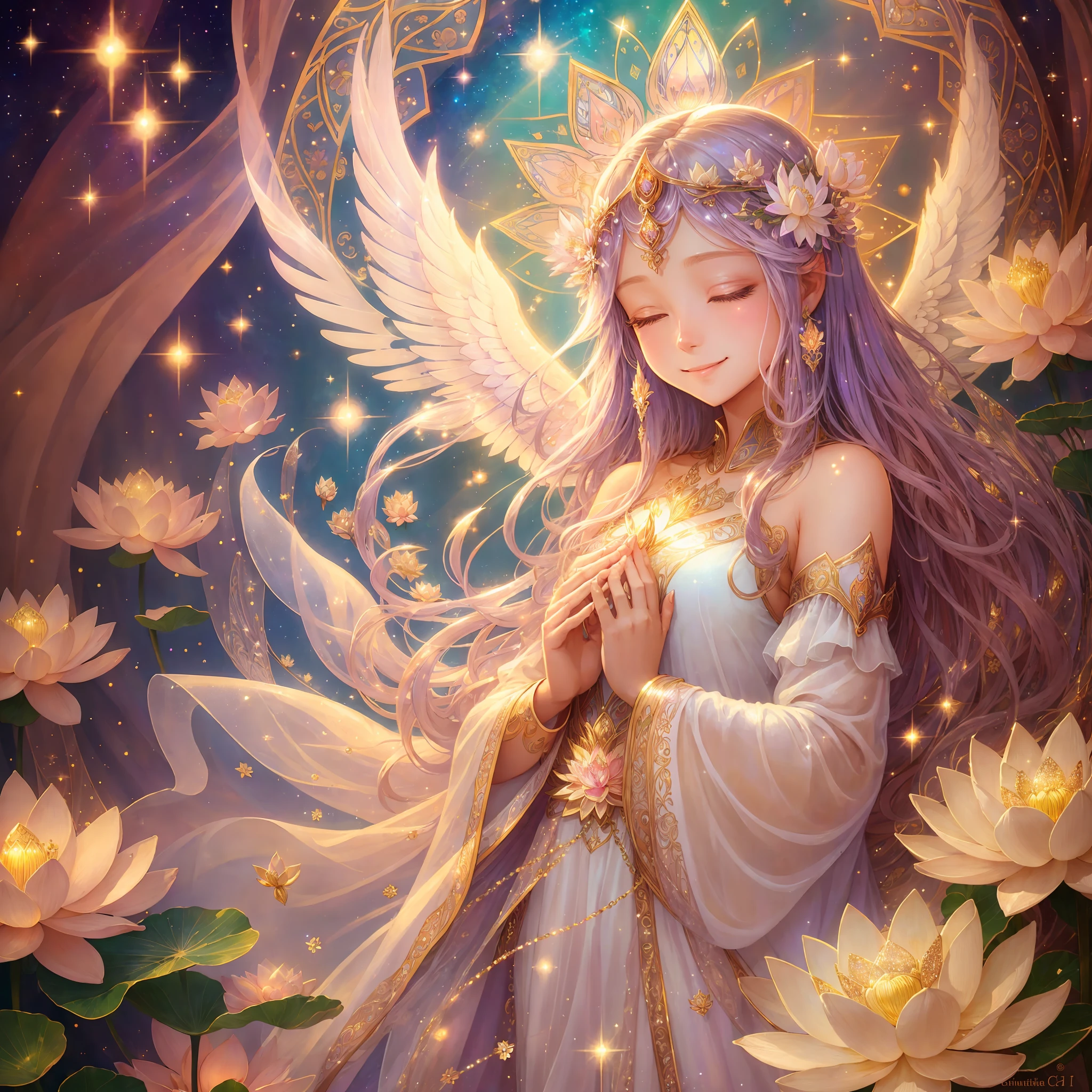 with angel, glitter, bright smile, light, goddess, heaven, human beauty, Mucha, happiness, high image quality, shine, flower, crystal, lassen, medieval, halo, long dress, prayer, lotus flower --auto --s2